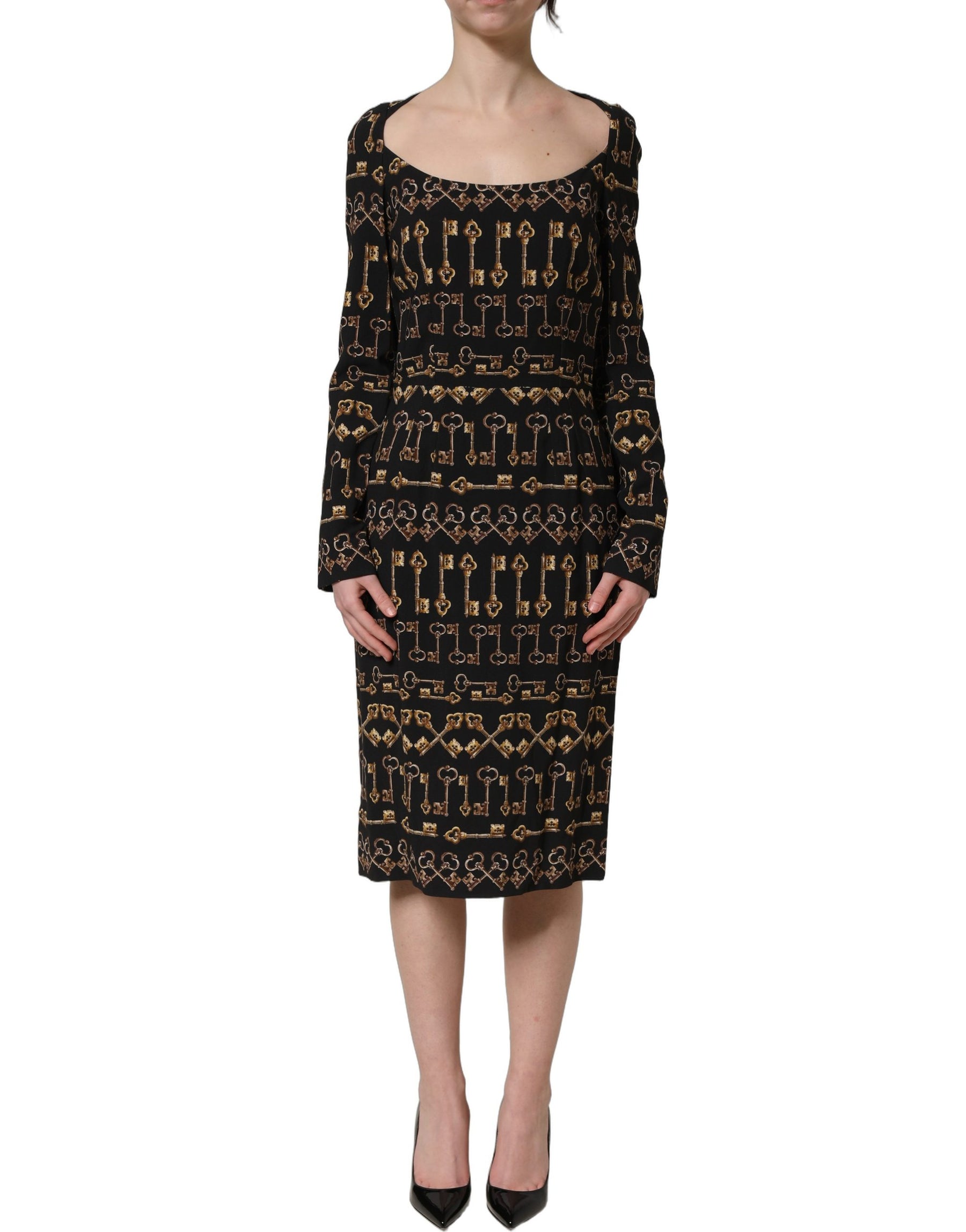 Dolce & Gabbana Black Key Print Long Sleeves Sheath Midi Dress | Regal Royce