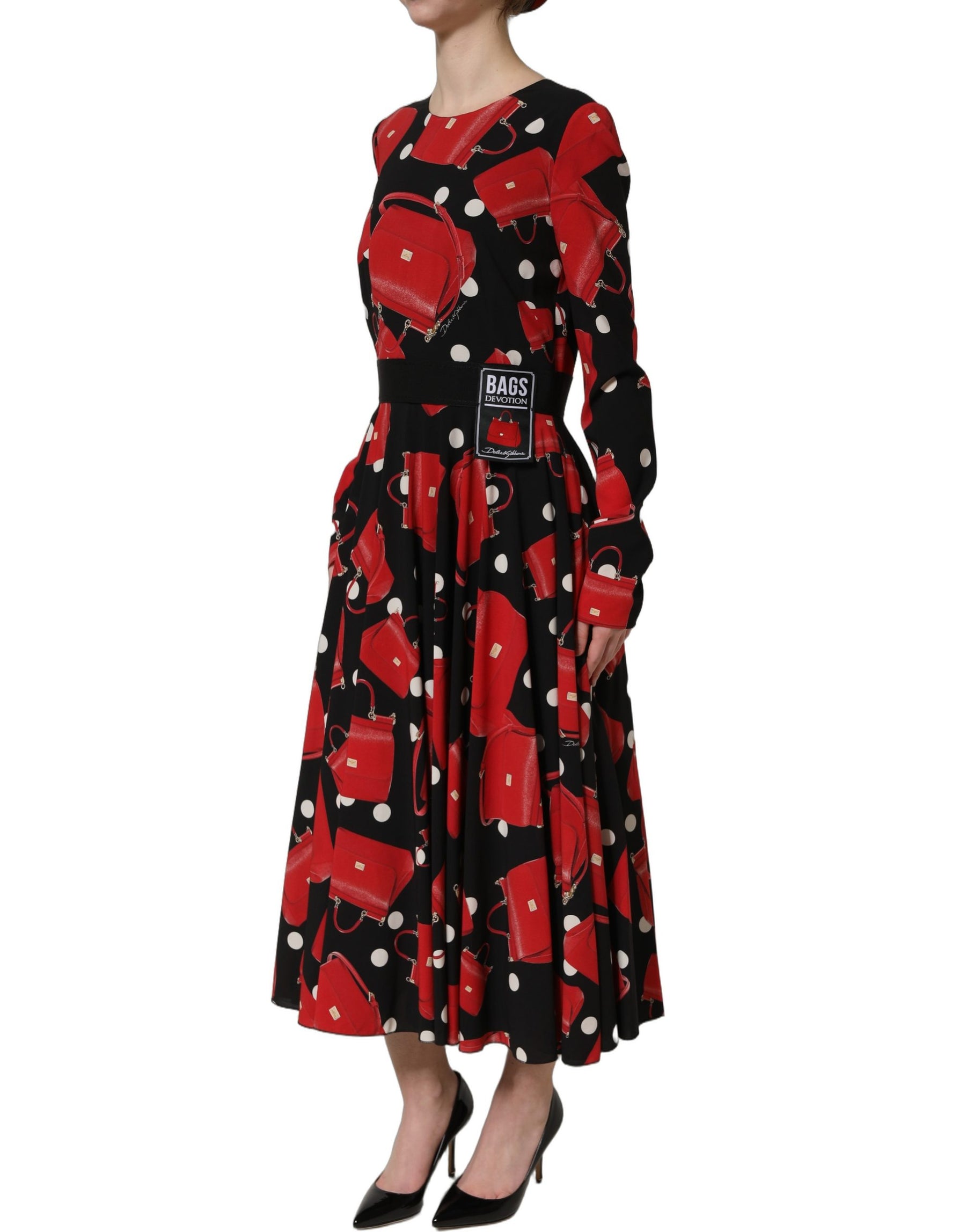 Dolce & Gabbana Black Handbag Print Long Sleeve Midi Dress | Regal Royce
