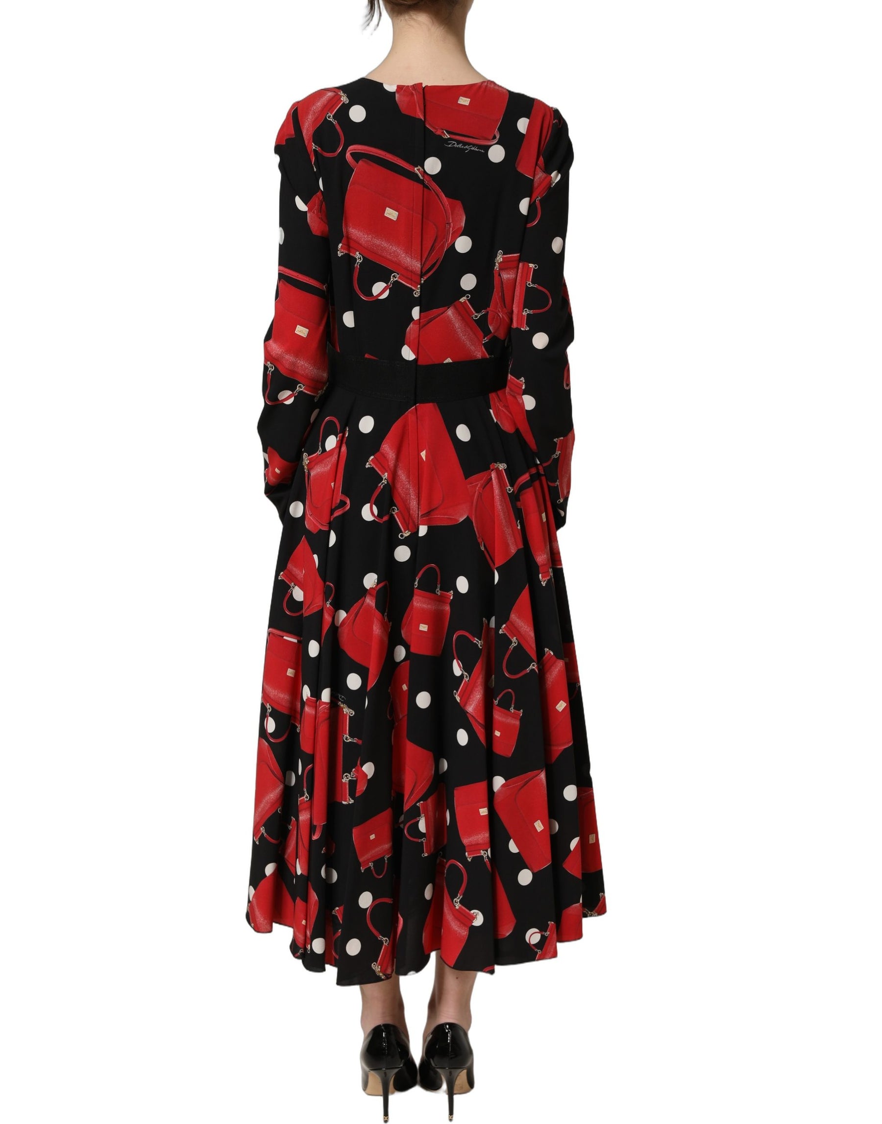 Dolce & Gabbana Black Handbag Print Long Sleeve Midi Dress | Regal Royce
