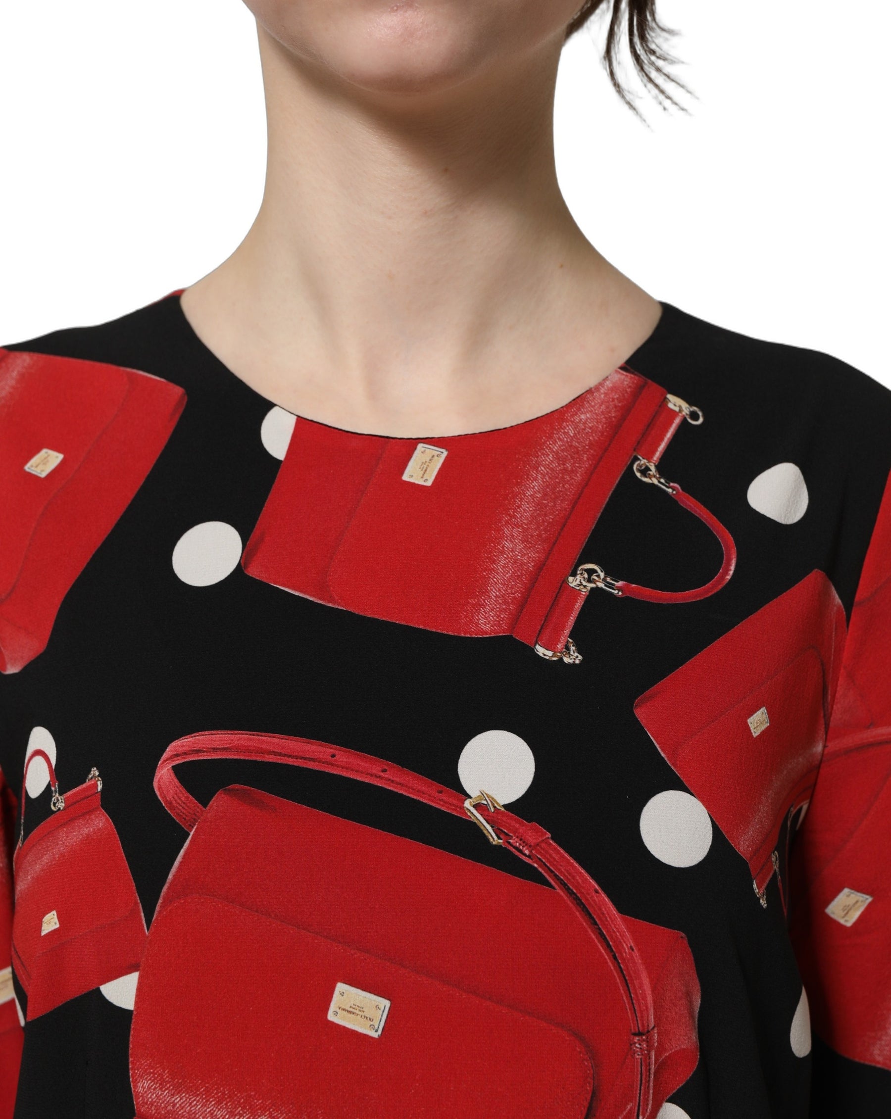 Dolce & Gabbana Black Handbag Print Long Sleeve Midi Dress | Regal Royce