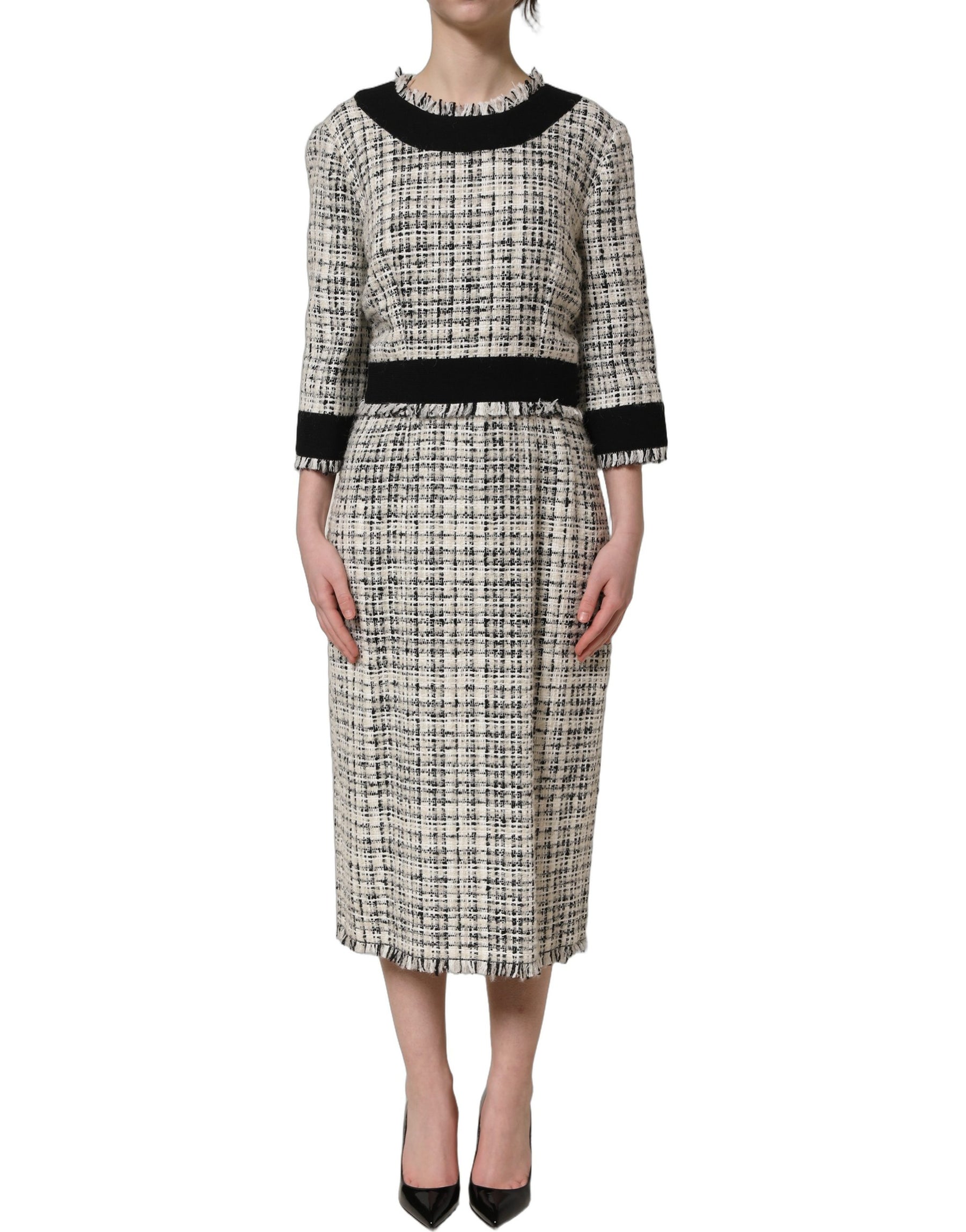 Dolce & Gabbana Multicolor Bouclé Tweed Frayed Trim Midi Dress | Regal Royce