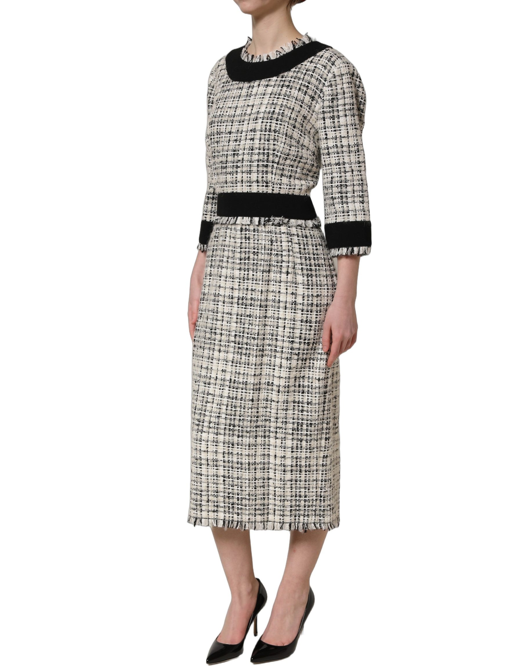 Dolce & Gabbana Multicolor Bouclé Tweed Frayed Trim Midi Dress | Regal Royce