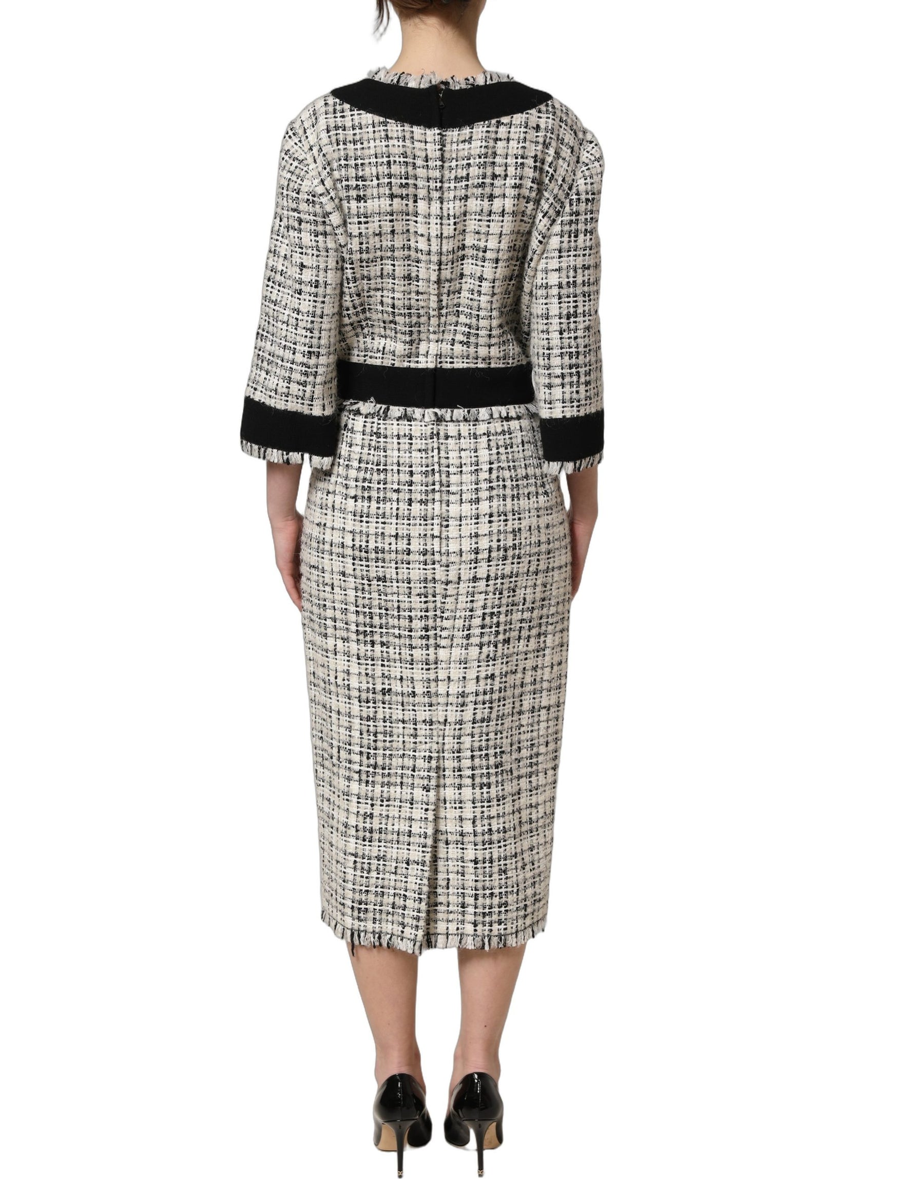 Dolce & Gabbana Multicolor Bouclé Tweed Frayed Trim Midi Dress | Regal Royce