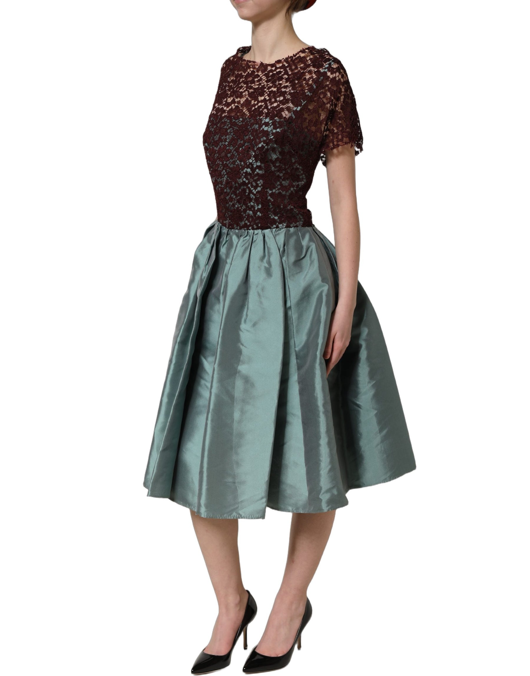 Dolce & Gabbana Multicolor Floral Lace Taffeta Pleated Midi Dress | Regal Royce
