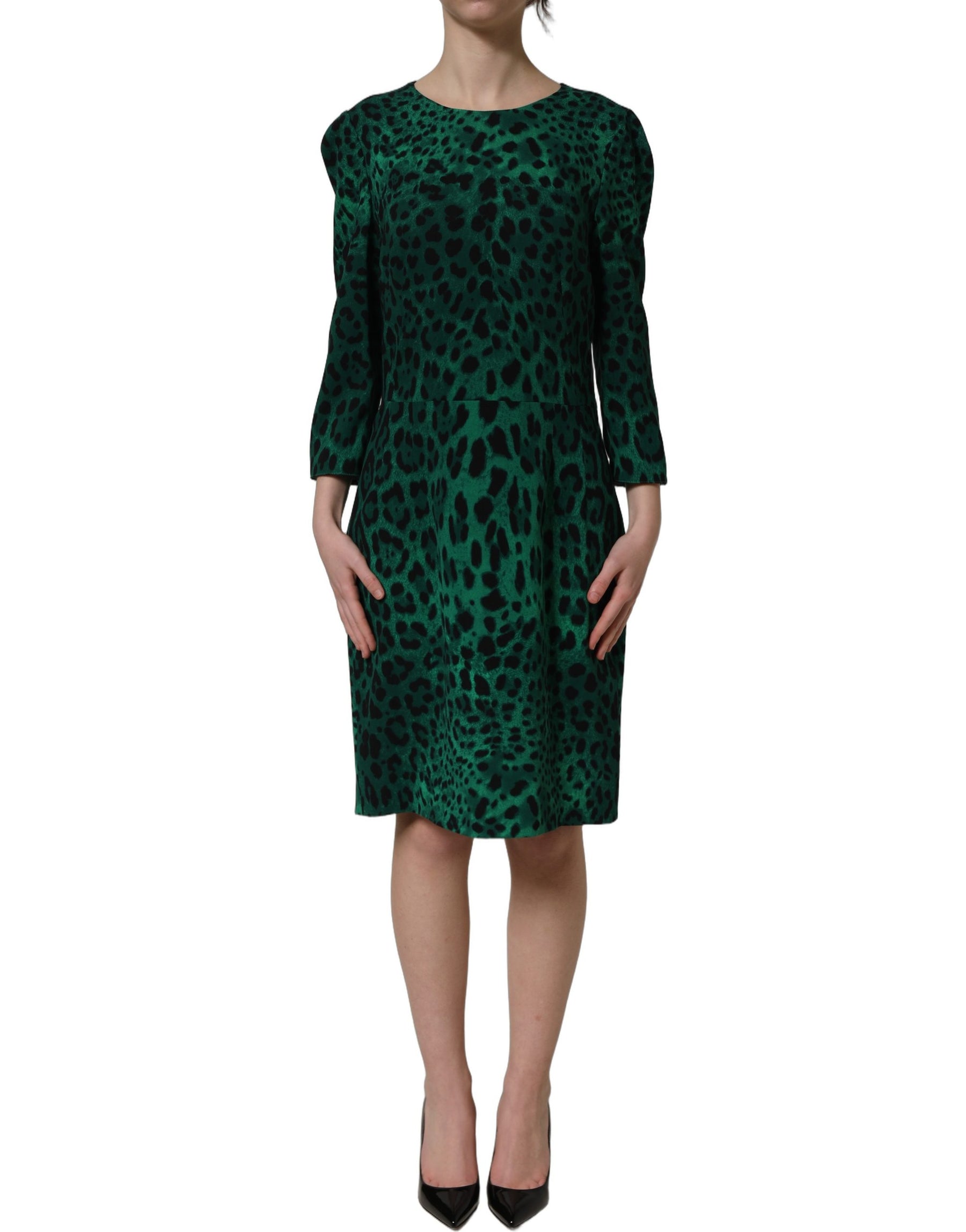 Dolce & Gabbana Green Leopard Print Silk Knee Length Dress | Regal Royce