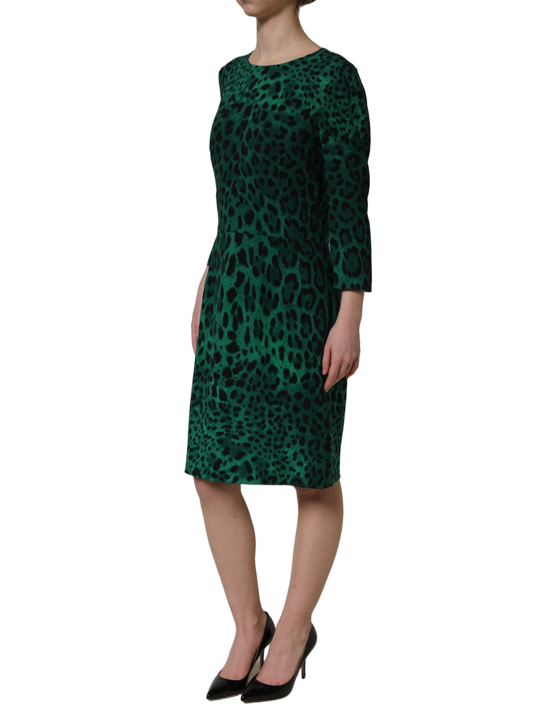 Dolce & Gabbana Green Leopard Print Silk Knee Length Dress | Regal Royce