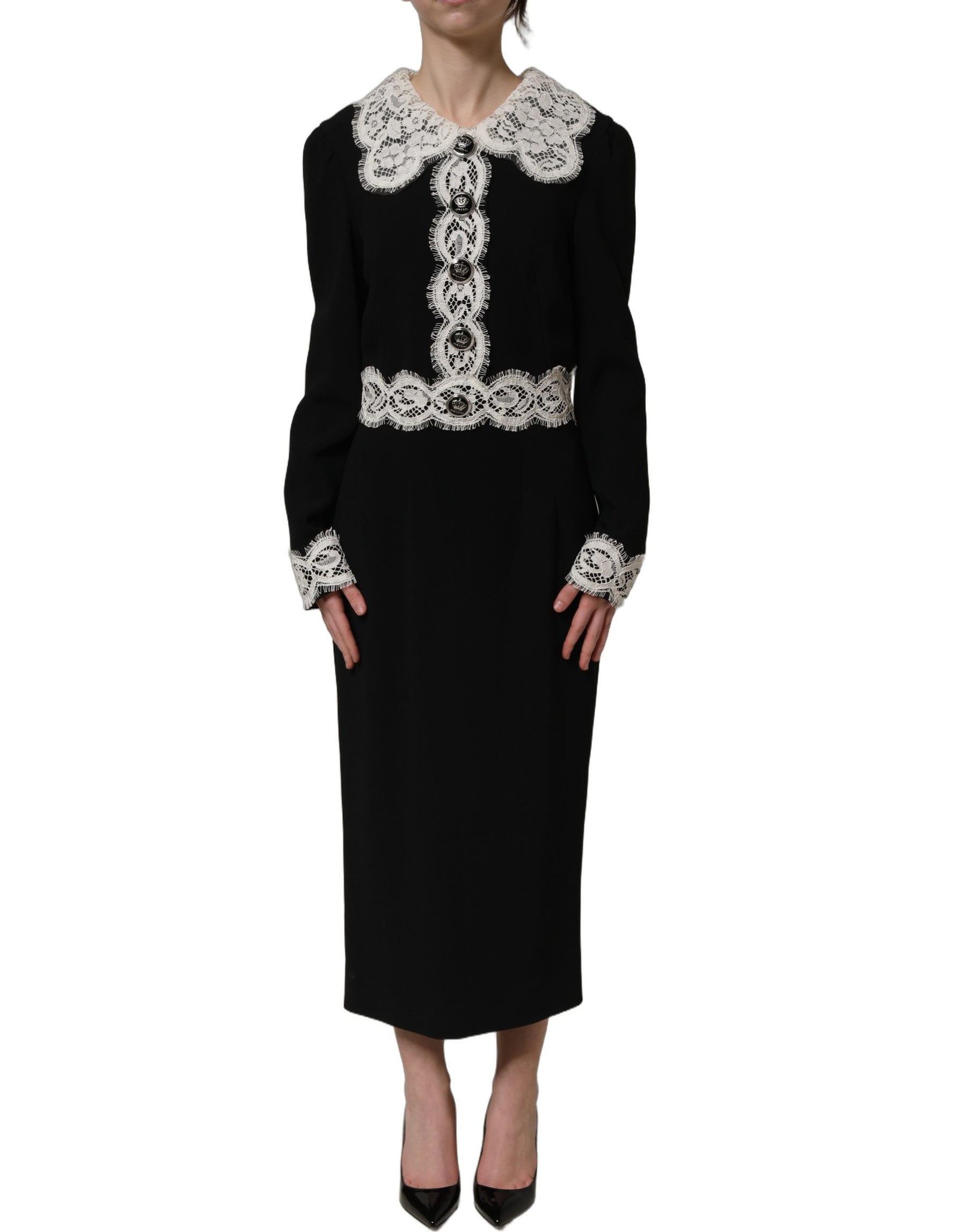 Dolce & Gabbana Black Lace Detailing Long Sleeves Midi Dress | Regal Royce
