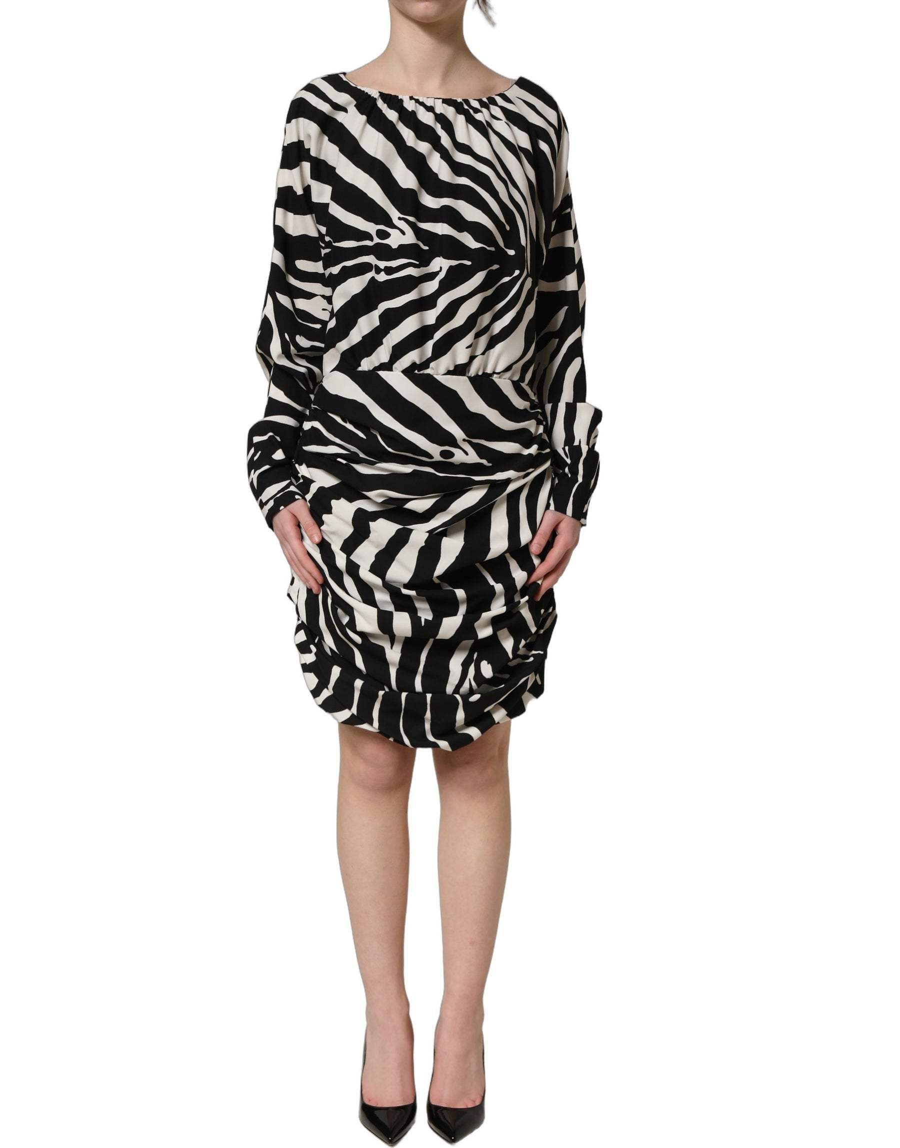 Dolce & Gabbana Black White Zebra Ruched Silk Mini Dress | Regal Royce