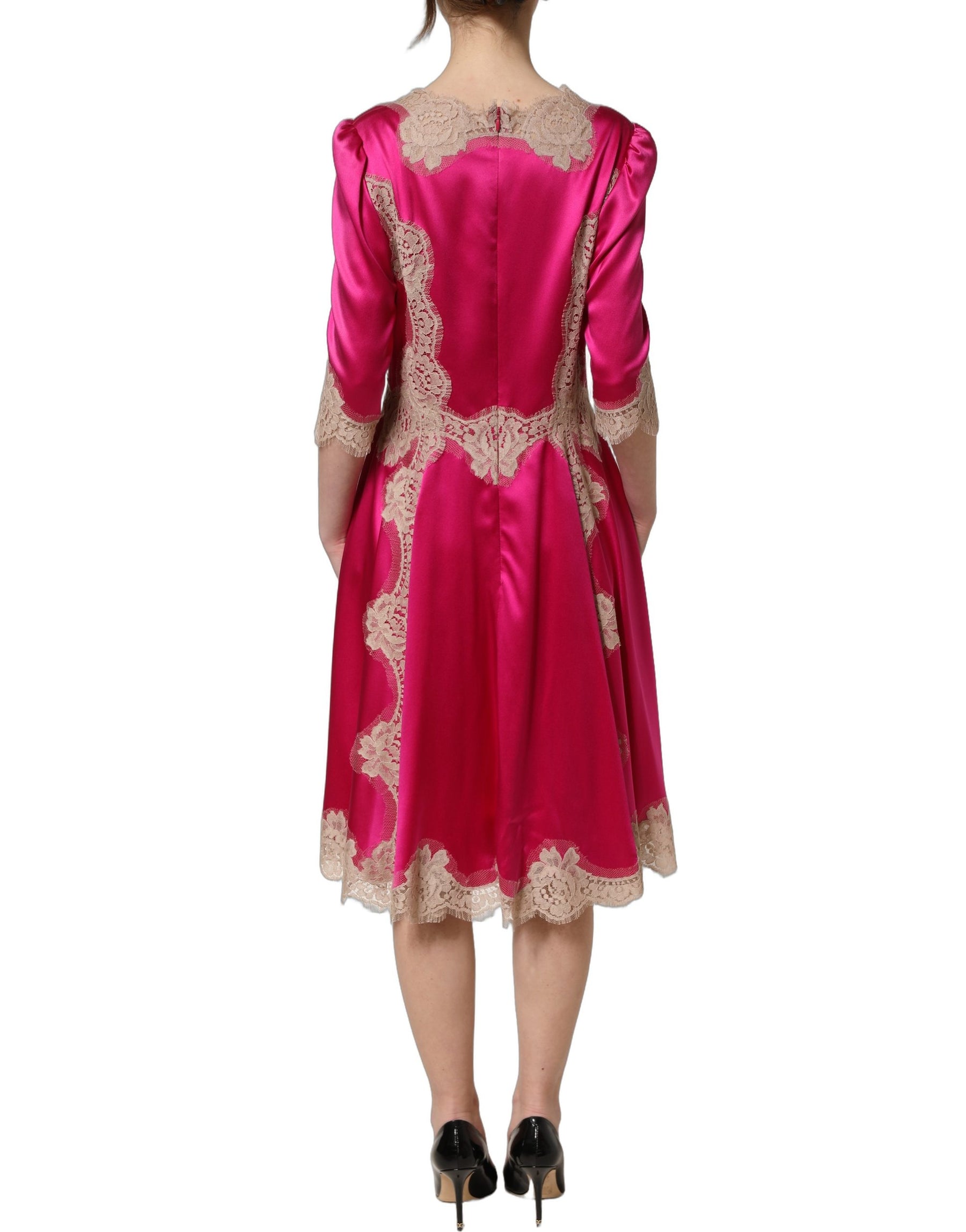 Dolce & Gabbana Fuchsia Pink Lace Detail A-line Midi Dress | Regal Royce