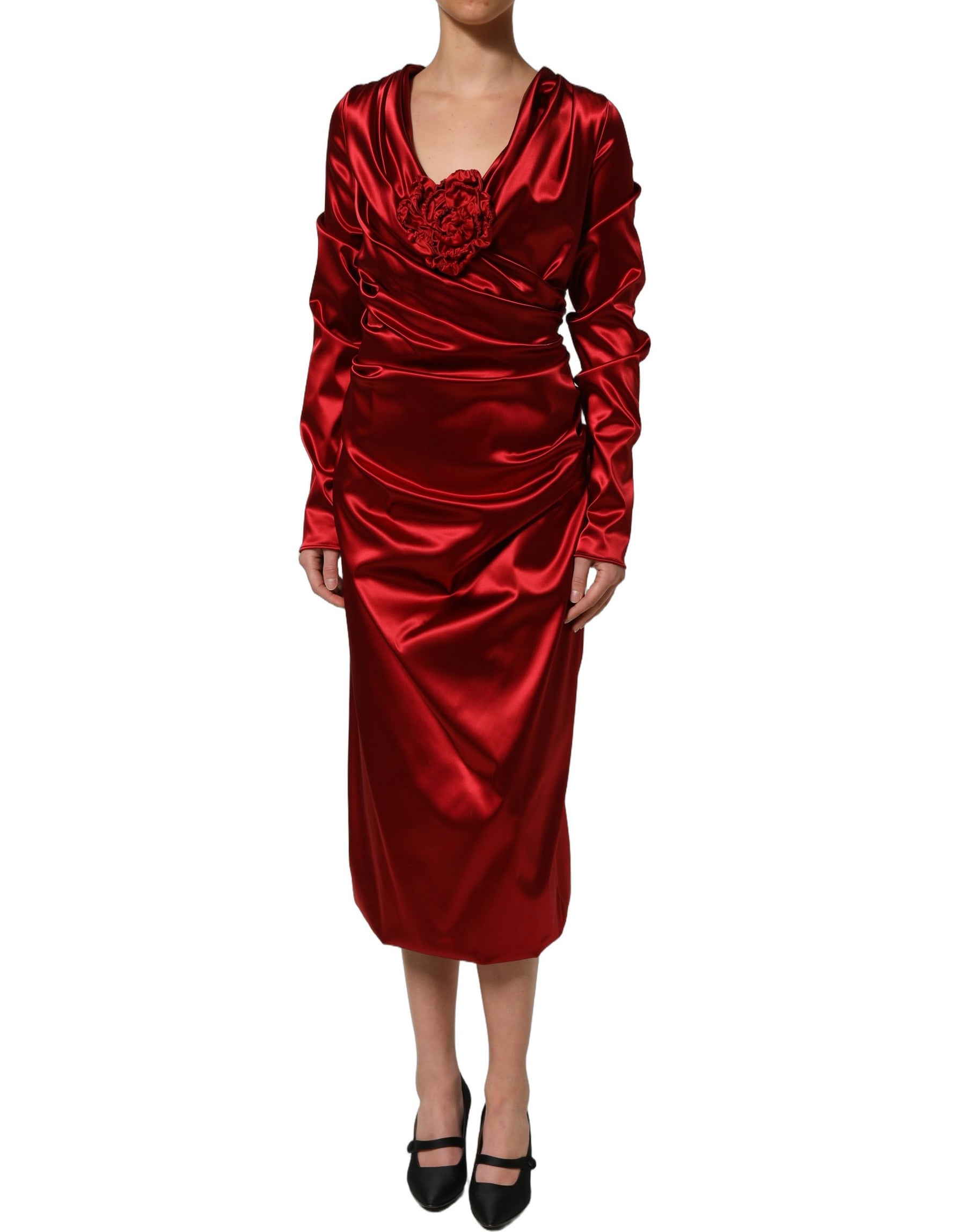 Dolce & Gabbana Red Silk Satin Draped Midi Floral Applique Dress | Regal Royce
