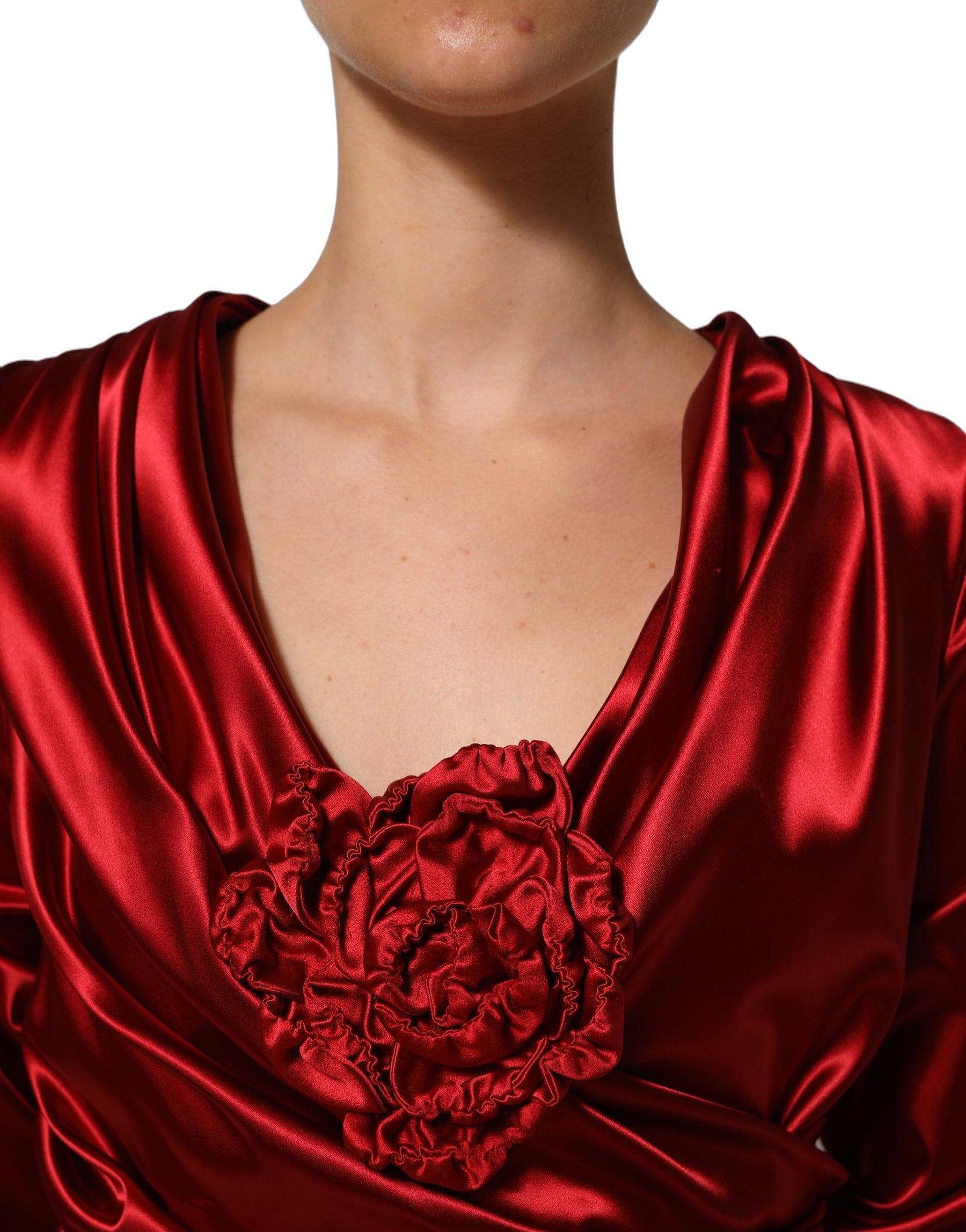 Dolce & Gabbana Red Silk Satin Draped Midi Floral Applique Dress | Regal Royce