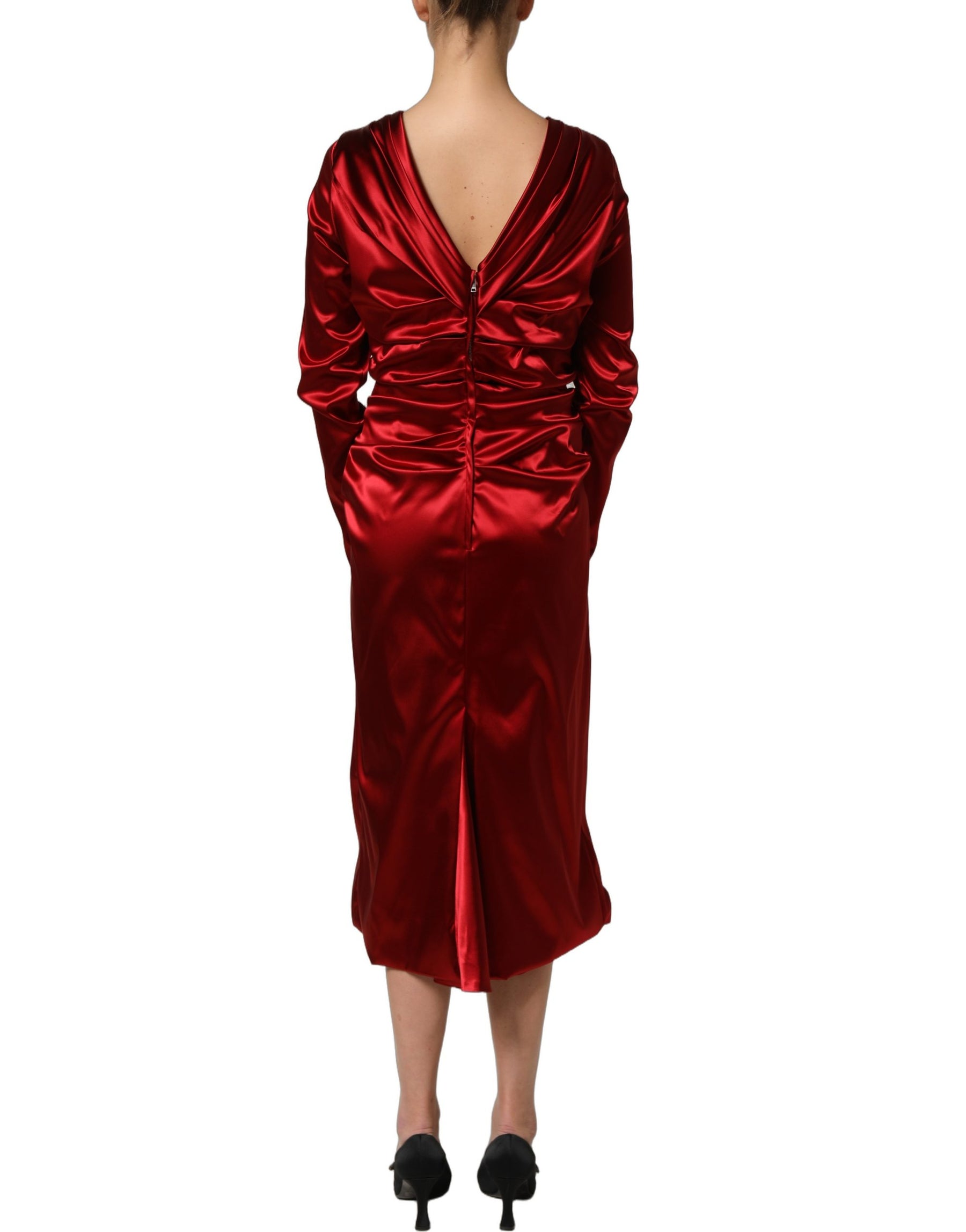Dolce & Gabbana Red Silk Satin Draped Midi Floral Applique Dress | Regal Royce