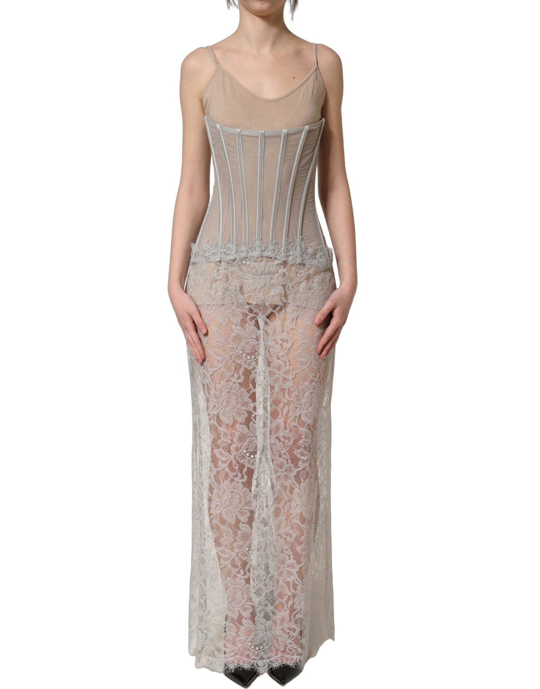 Dolce & Gabbana Gray Lace Corset Style Bodice Maxi Dress | Regal Royce