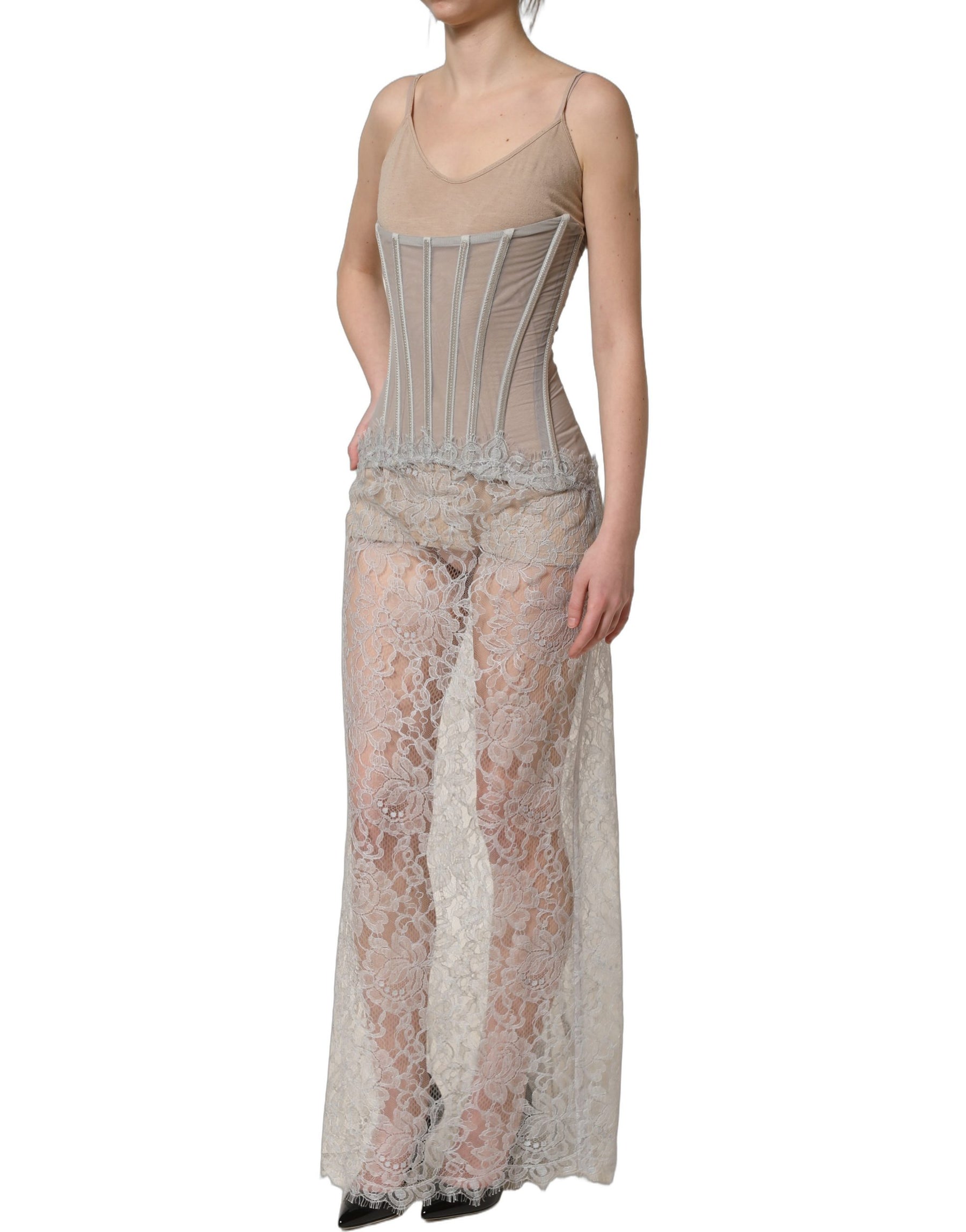 Dolce & Gabbana Gray Lace Corset Style Bodice Maxi Dress | Regal Royce