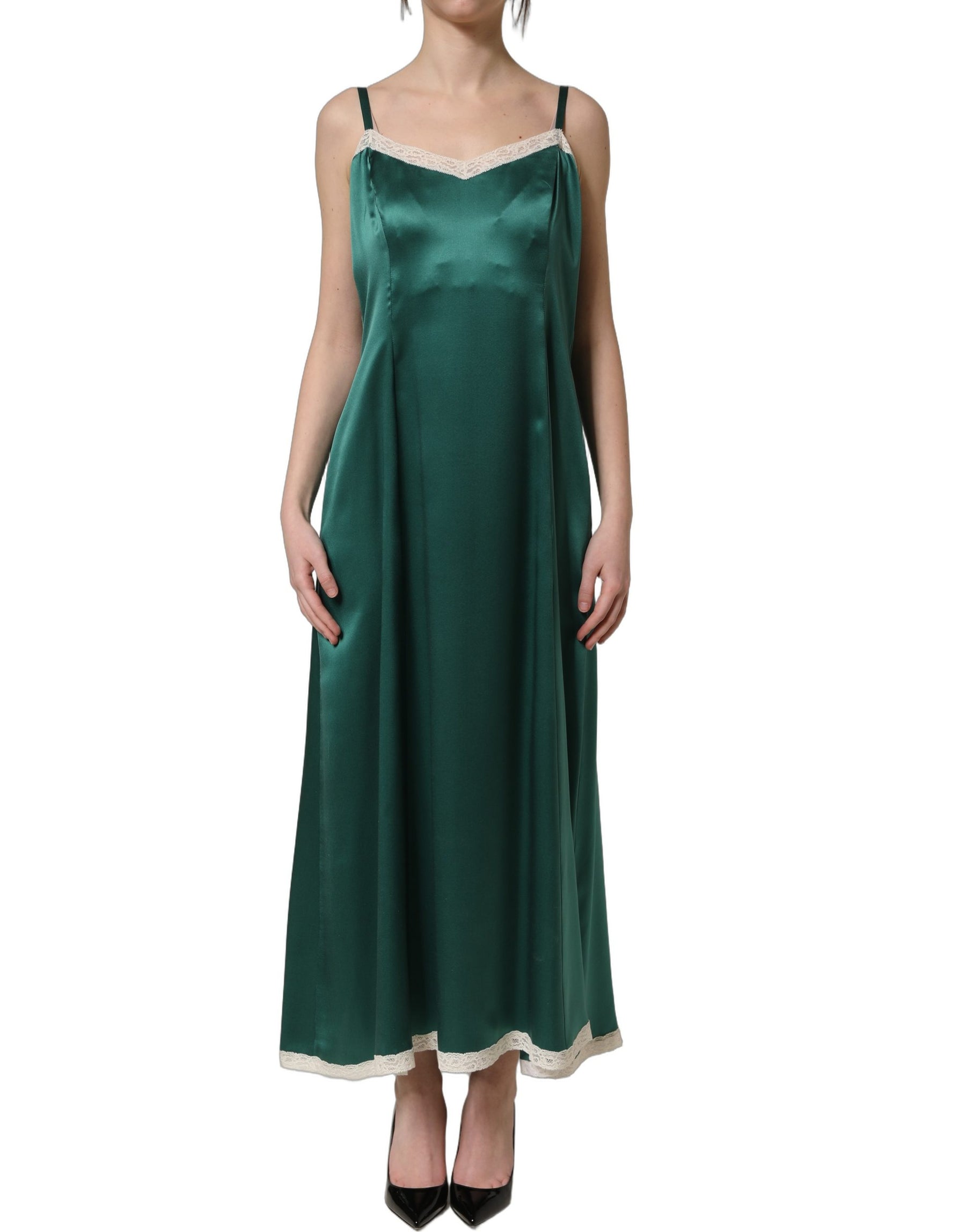 Dolce & Gabbana Green Satin Lace Trim Sleeveless Maxi Dress | Regal Royce