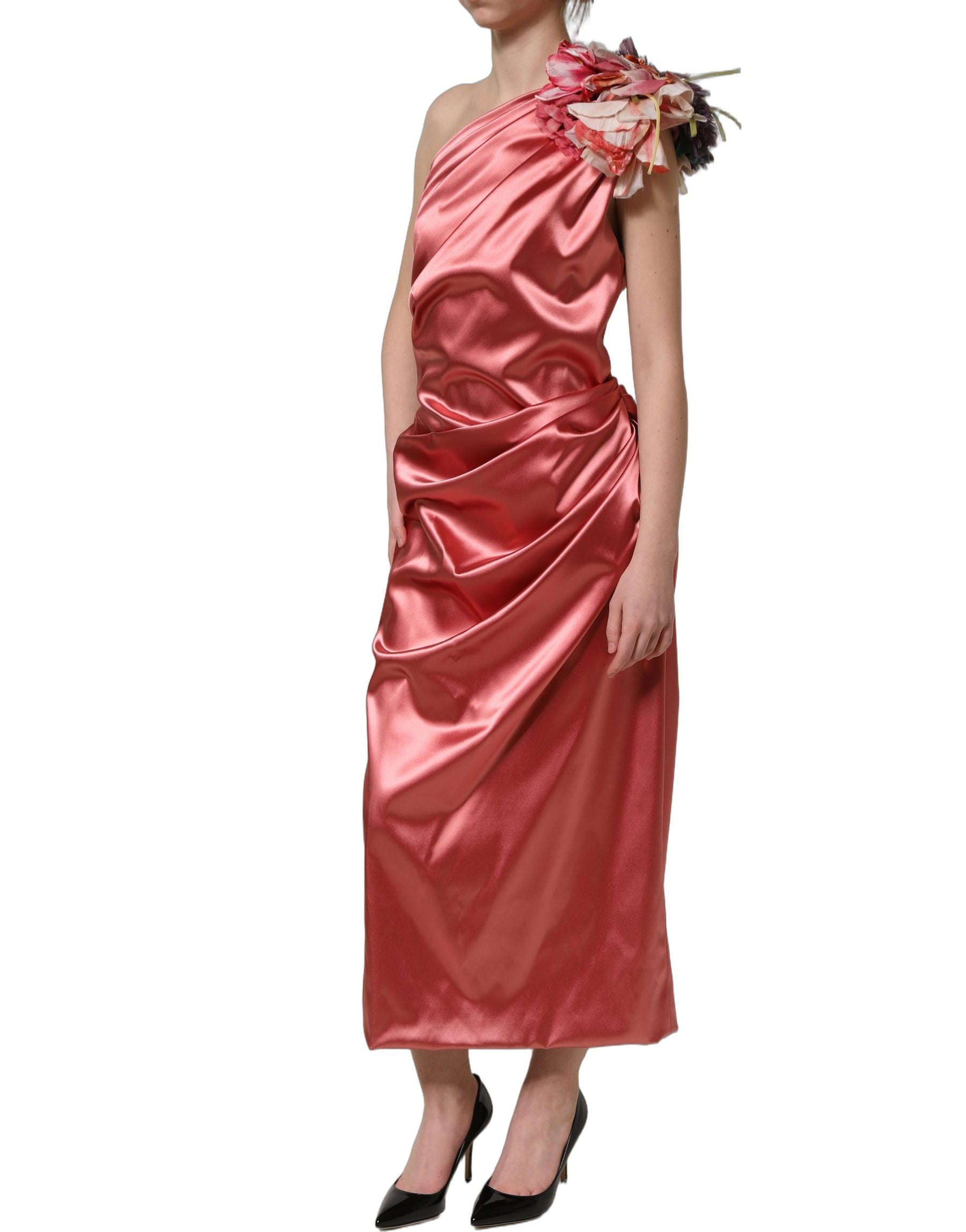 Dolce & Gabbana Pink Draped Midi Flower Appliques Dress | Regal Royce