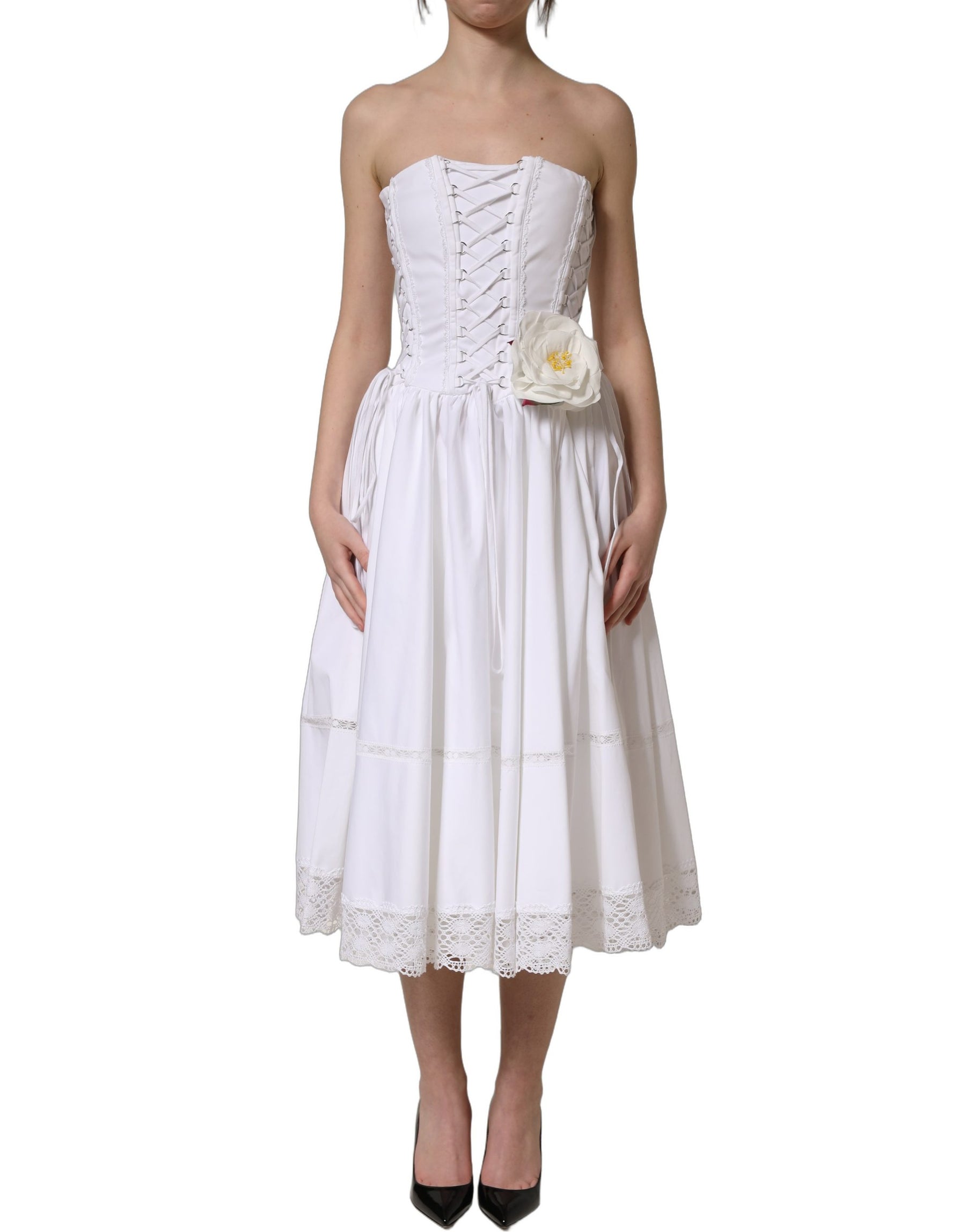 Dolce & Gabbana White Cotton Gabardine Bustier Midi Dress | Regal Royce