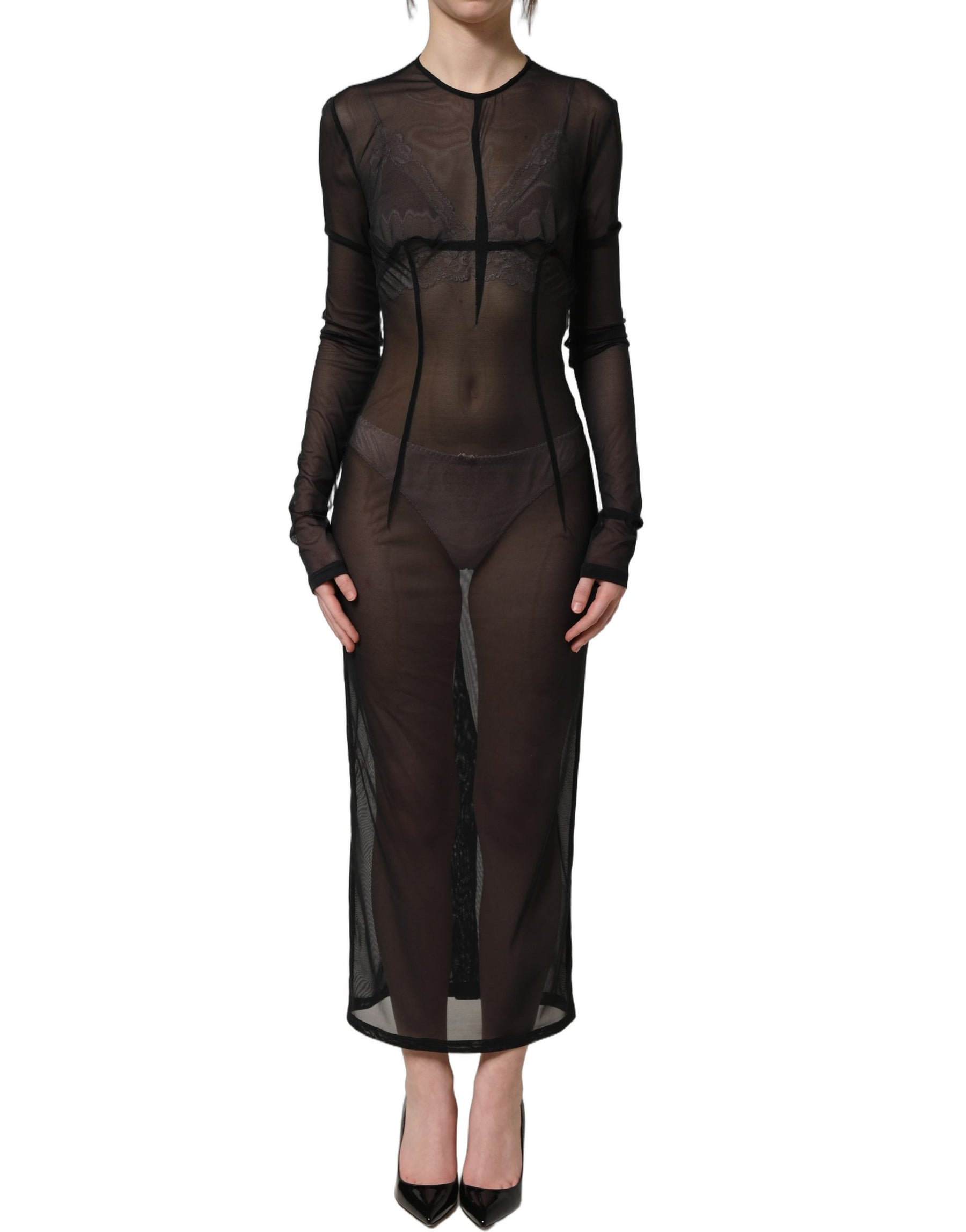 Dolce & Gabbana Black Long Sleeve Sheer Fitted Maxi Dress | Regal Royce