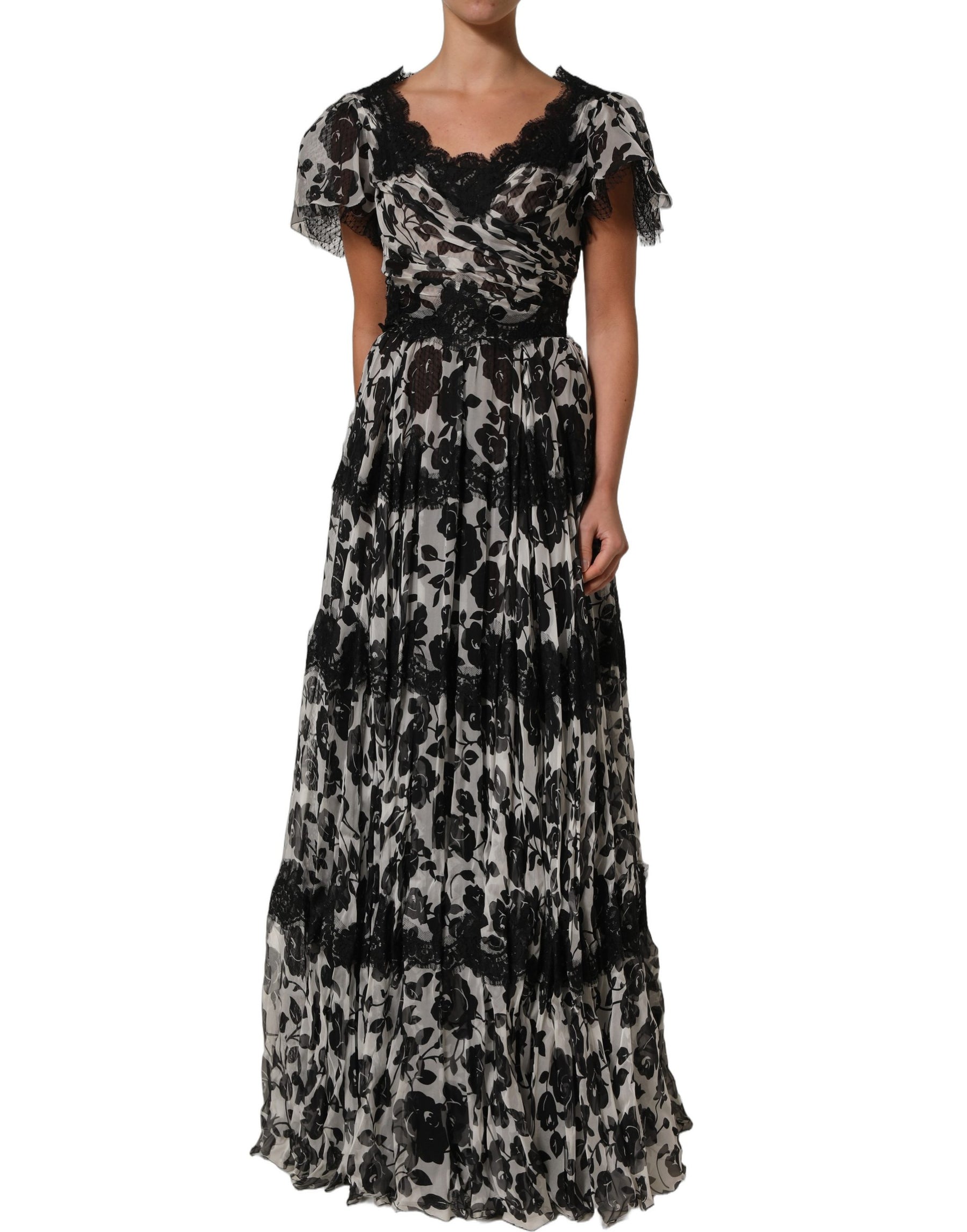 Dolce & Gabbana Black Silk Floral Lace Ricamo Ball Maxi Dress | Regal Royce
