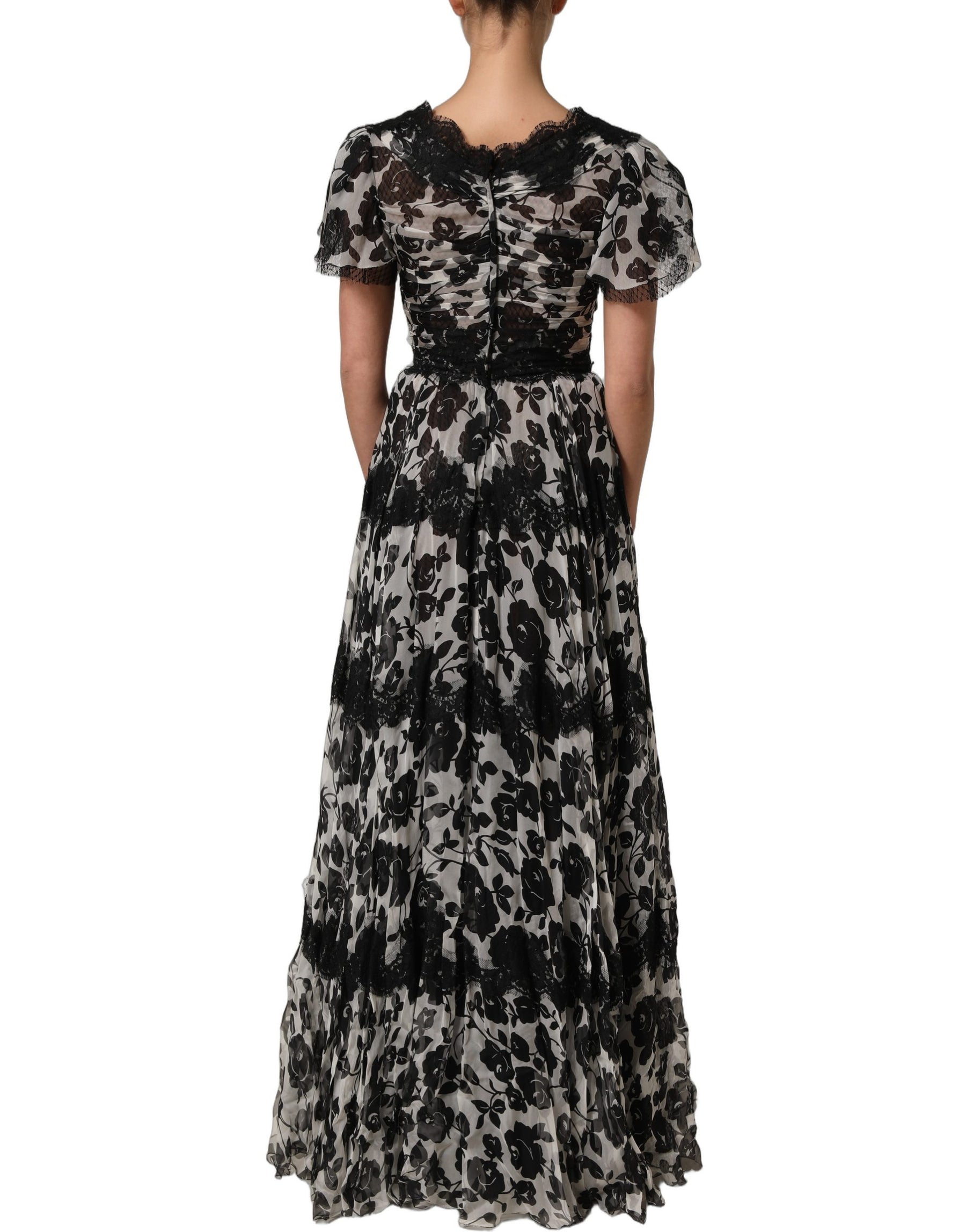 Dolce & Gabbana Black Silk Floral Lace Ricamo Ball Maxi Dress | Regal Royce