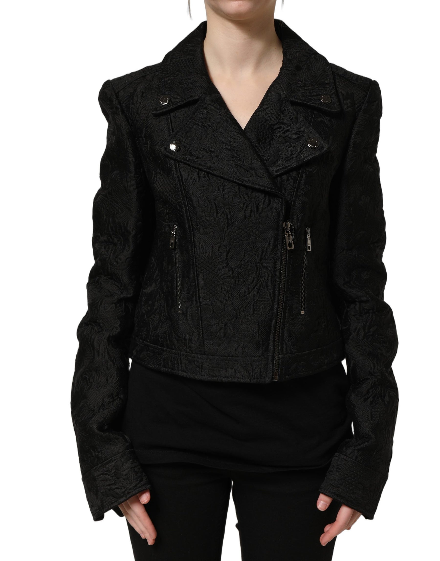 Dolce & Gabbana Black Floral Brocade Biker Blouson Jacket | Regal Royce