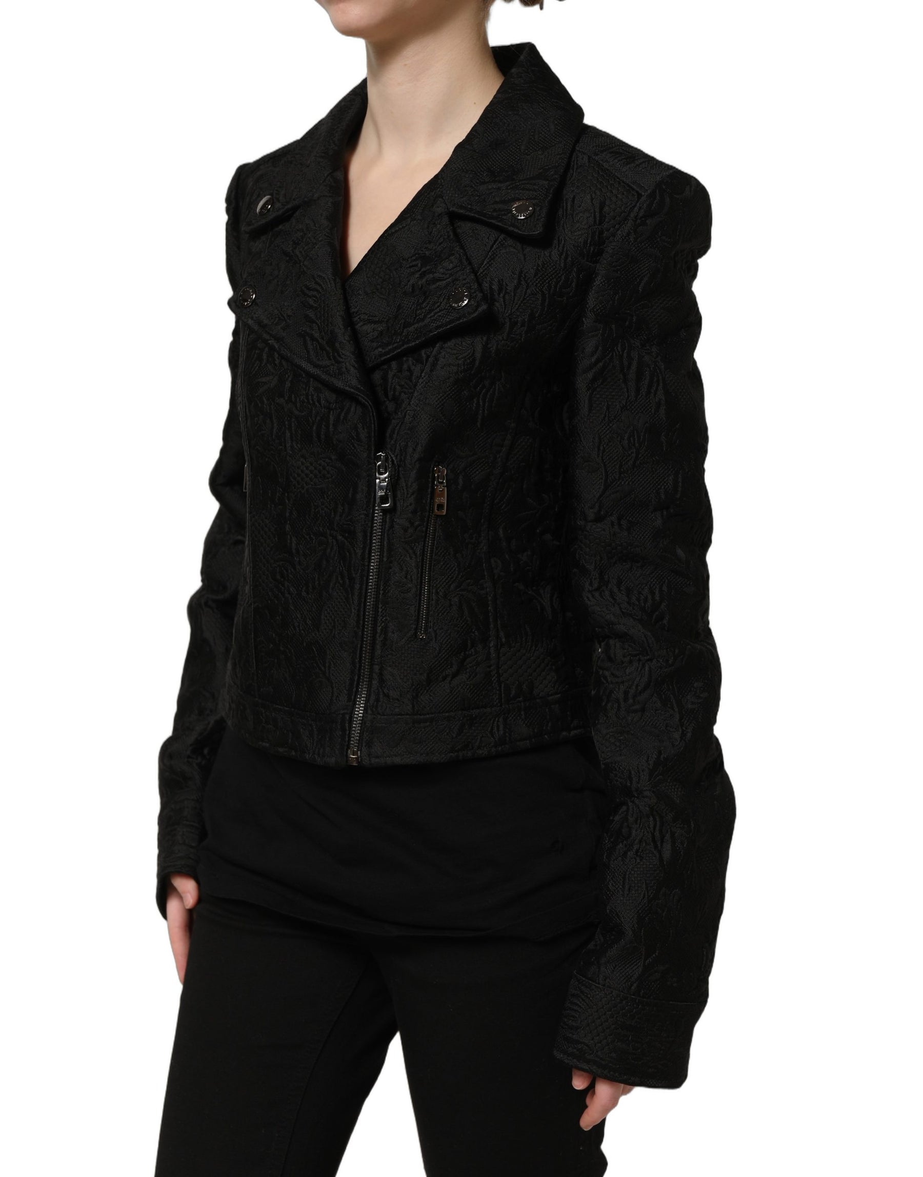 Dolce & Gabbana Black Floral Brocade Biker Blouson Jacket | Regal Royce
