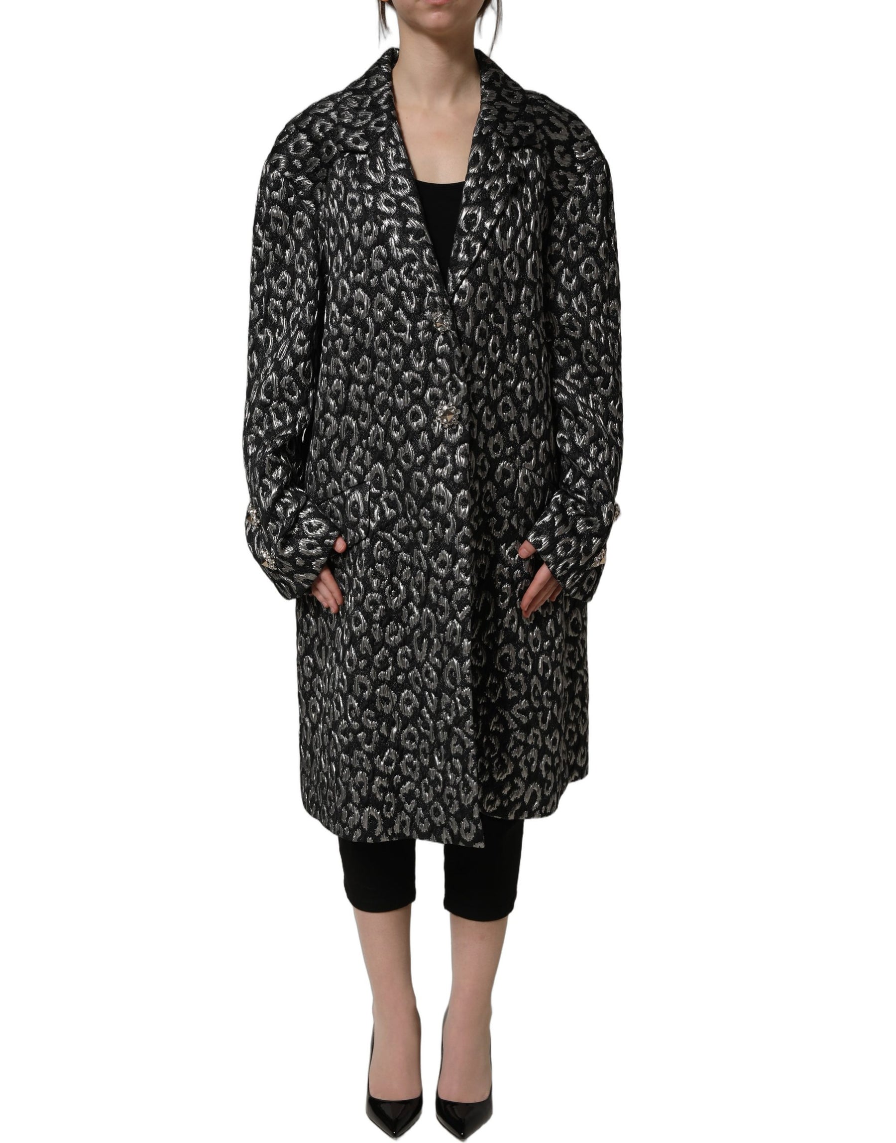 Dolce & Gabbana Black Silver Jacquard Leopard Coat Jacket | Regal Royce