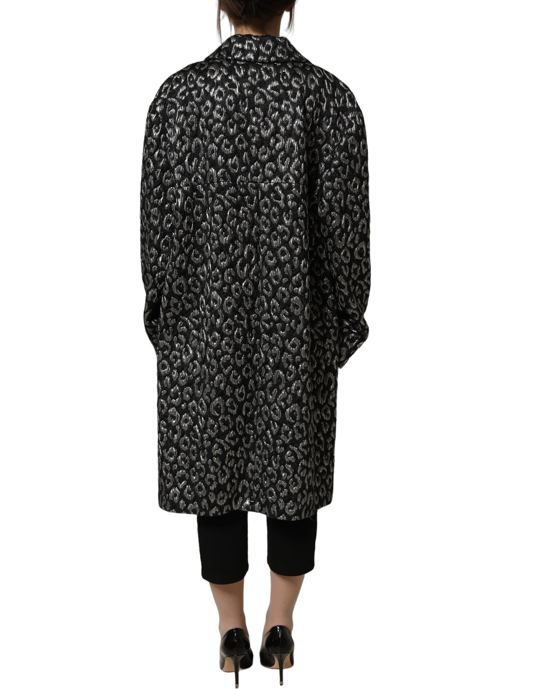Dolce & Gabbana Black Silver Jacquard Leopard Coat Jacket | Regal Royce