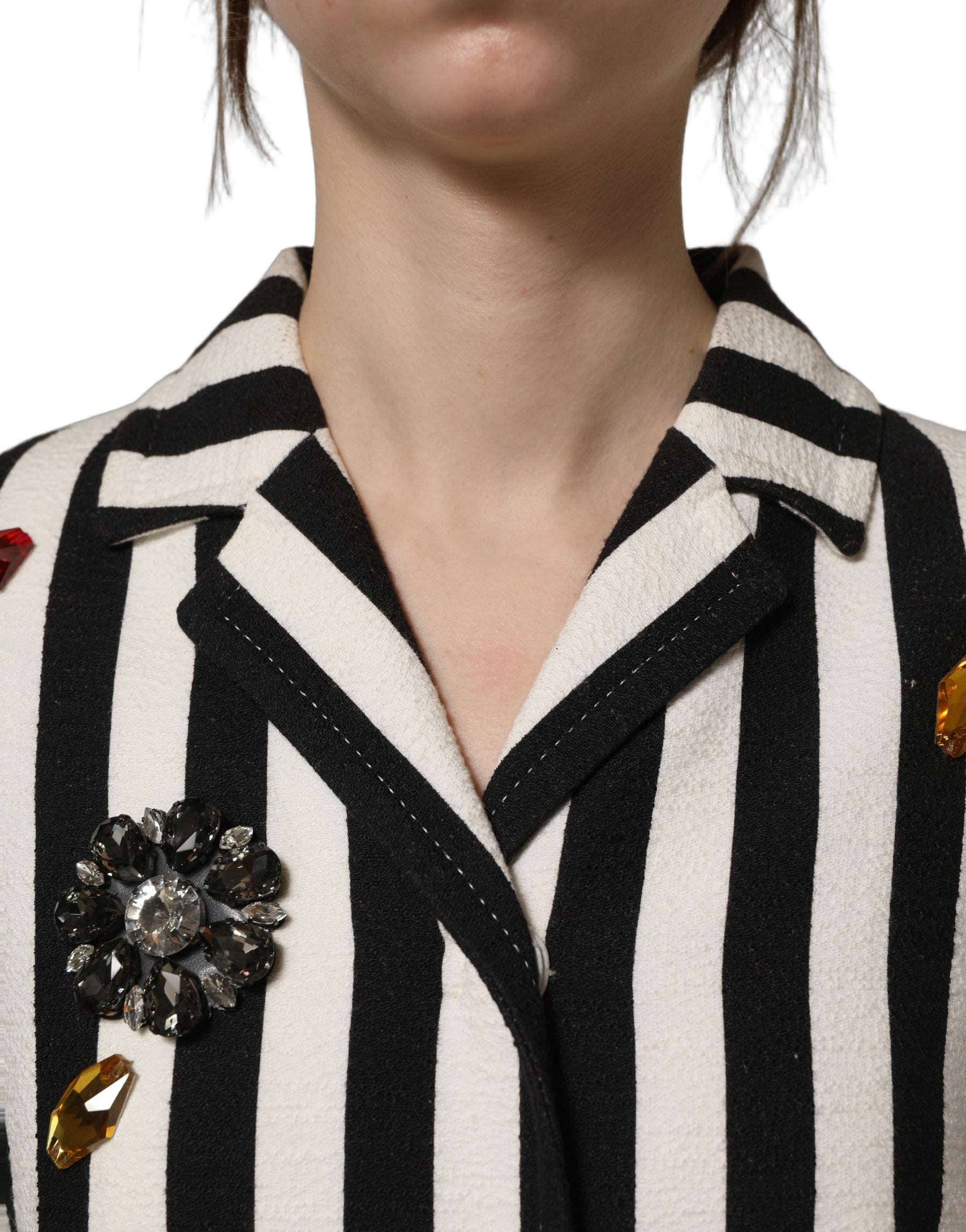 Dolce & Gabbana Black White Striped Embellished Coat Jacket | Regal Royce
