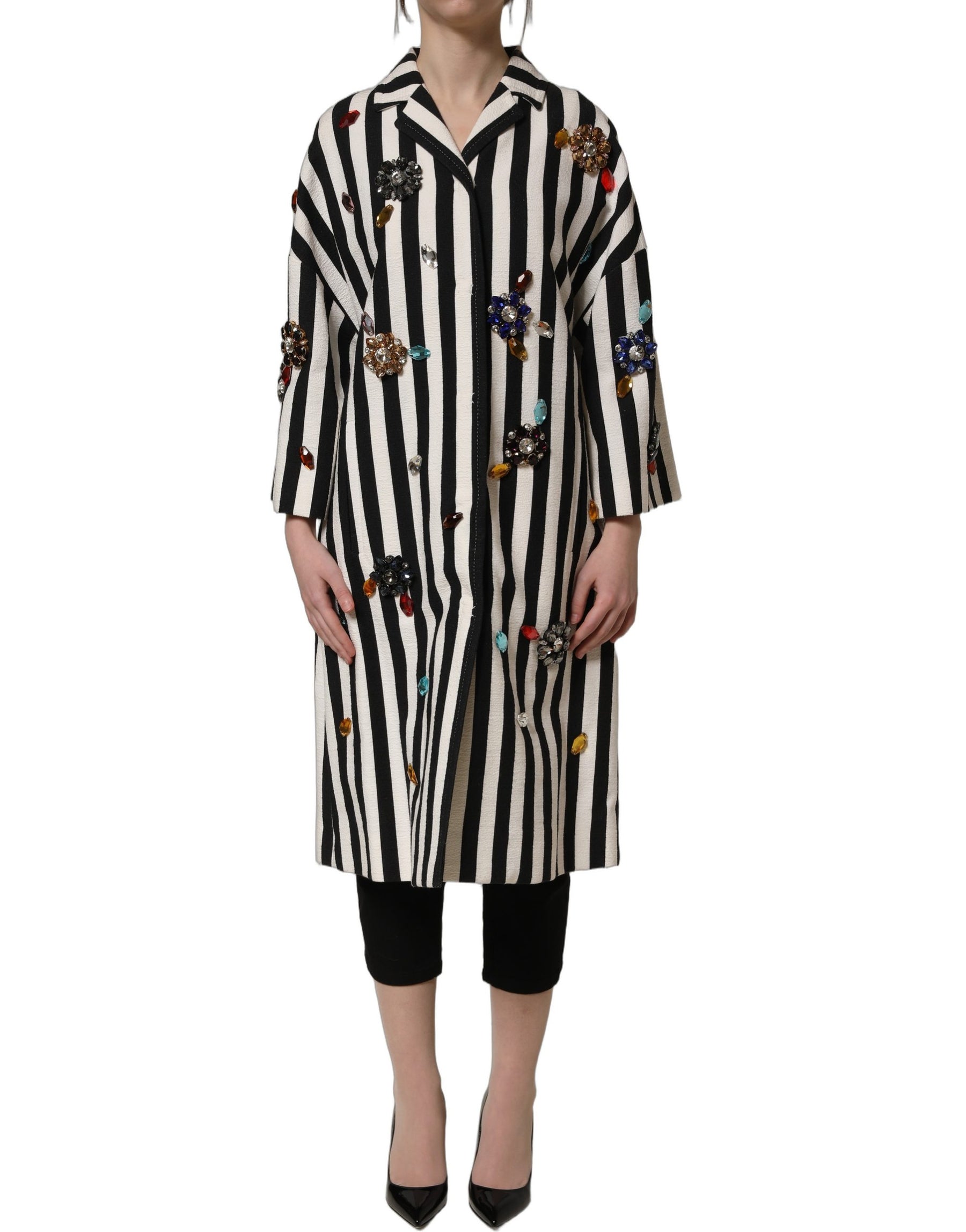 Dolce & Gabbana Black White Striped Embellished Coat Jacket | Regal Royce