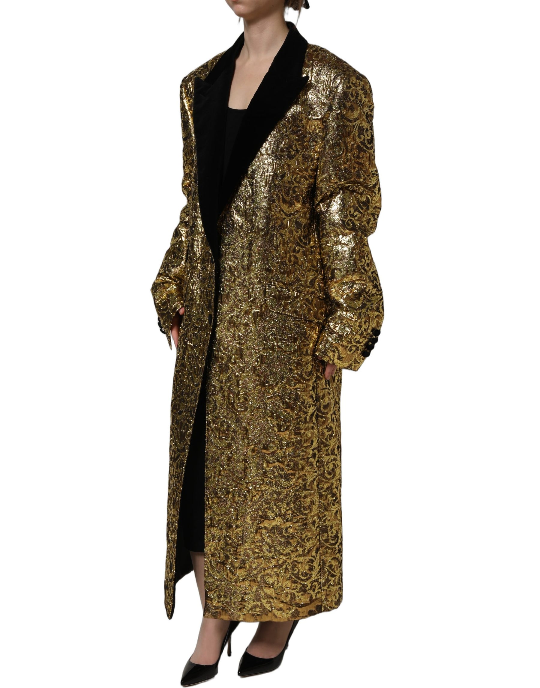 Dolce & Gabbana Gold Floral Jacquard Wool Trench Coat Jacket | Regal Royce