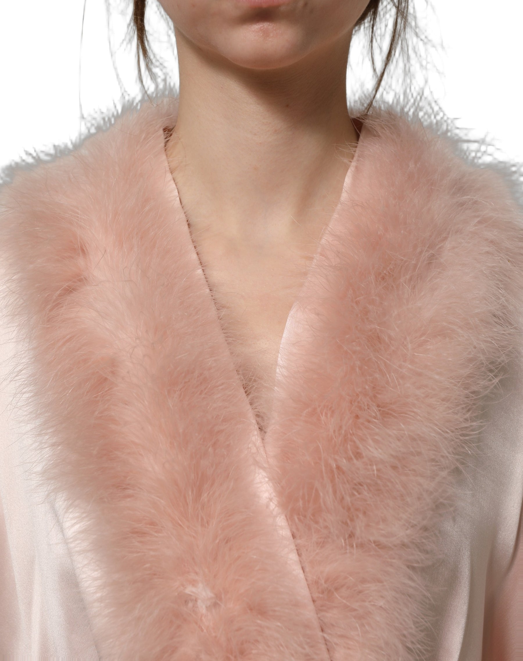 Dolce & Gabbana Light Pink Silk Turkey Feather Robe Jacket | Regal Royce