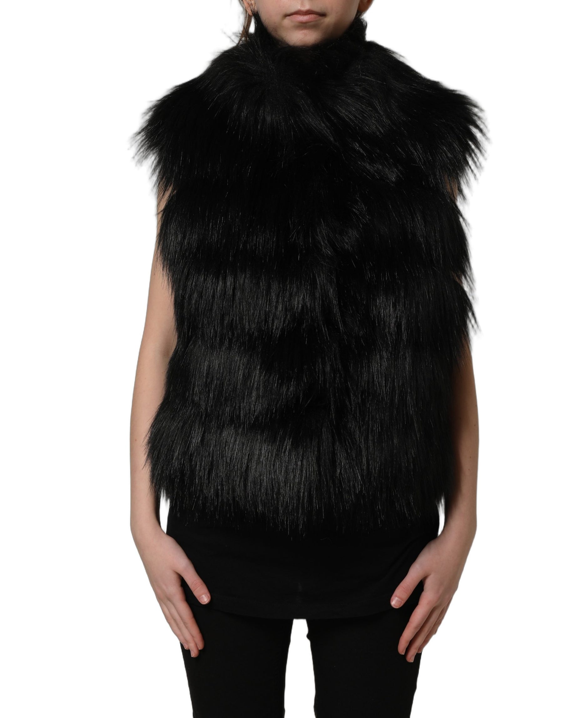 Dolce & Gabbana Black Acrylic Faux Fur Sleeveless Vest Jacket | Regal Royce