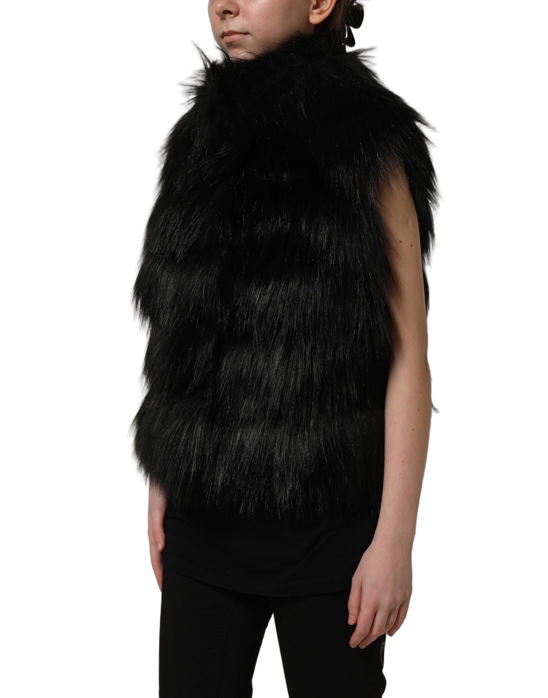 Dolce & Gabbana Black Acrylic Faux Fur Sleeveless Vest Jacket | Regal Royce