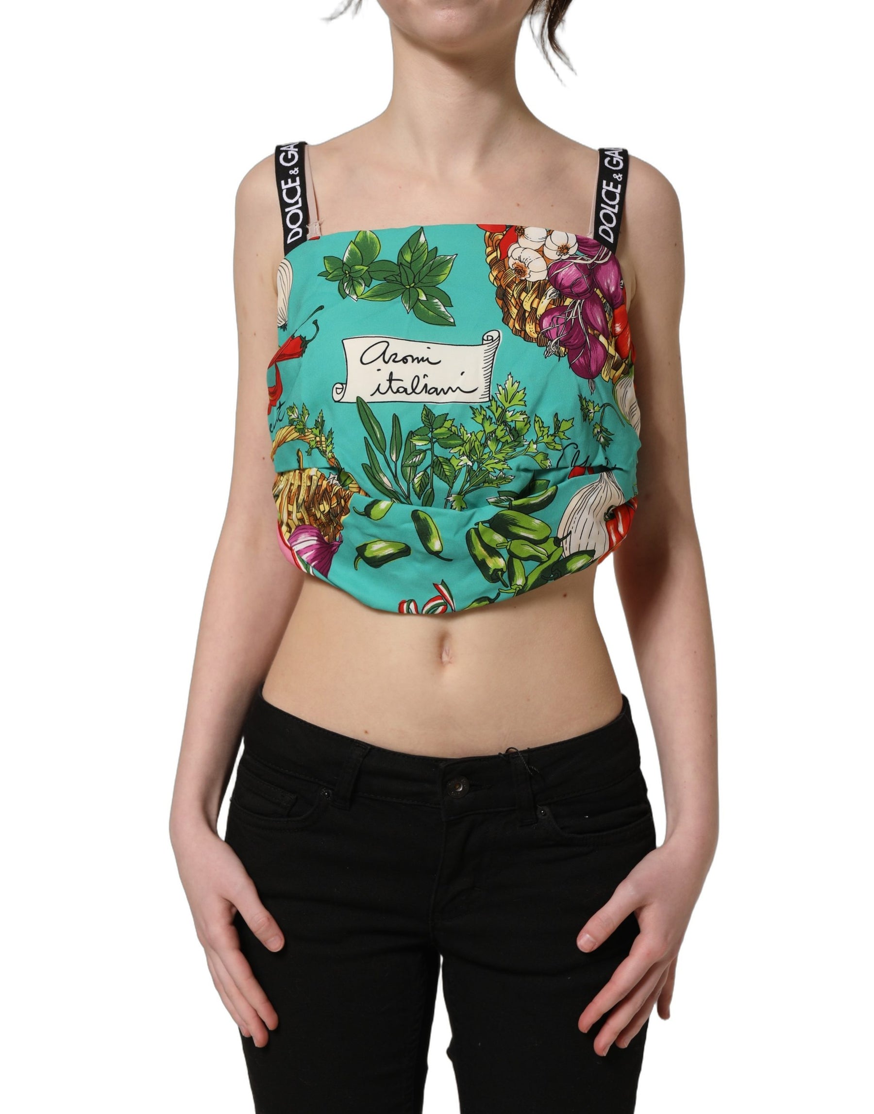 Dolce & Gabbana Multicolor Silk Vegetable Print Cropped Top | Regal Royce