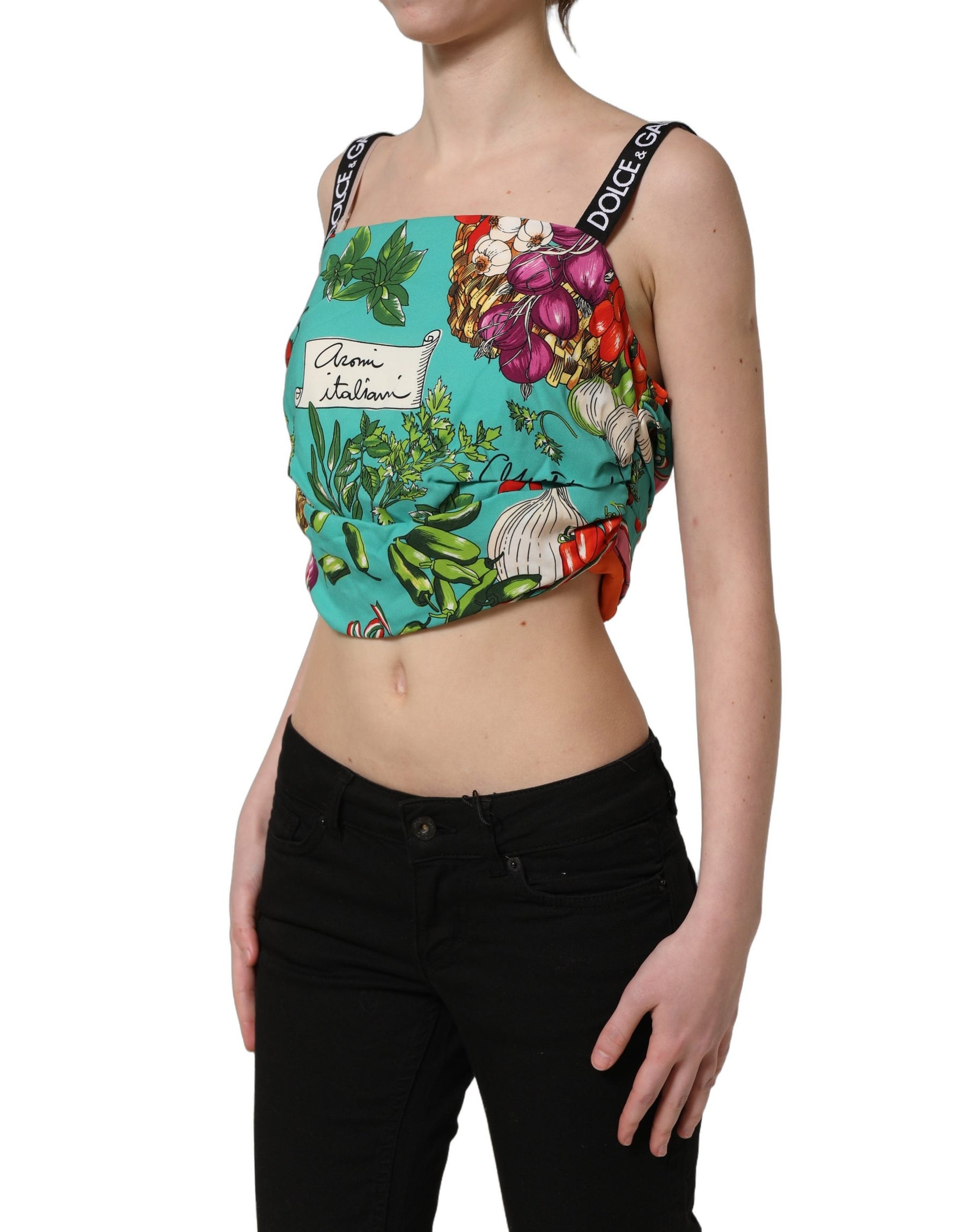 Dolce & Gabbana Multicolor Silk Vegetable Print Cropped Top | Regal Royce