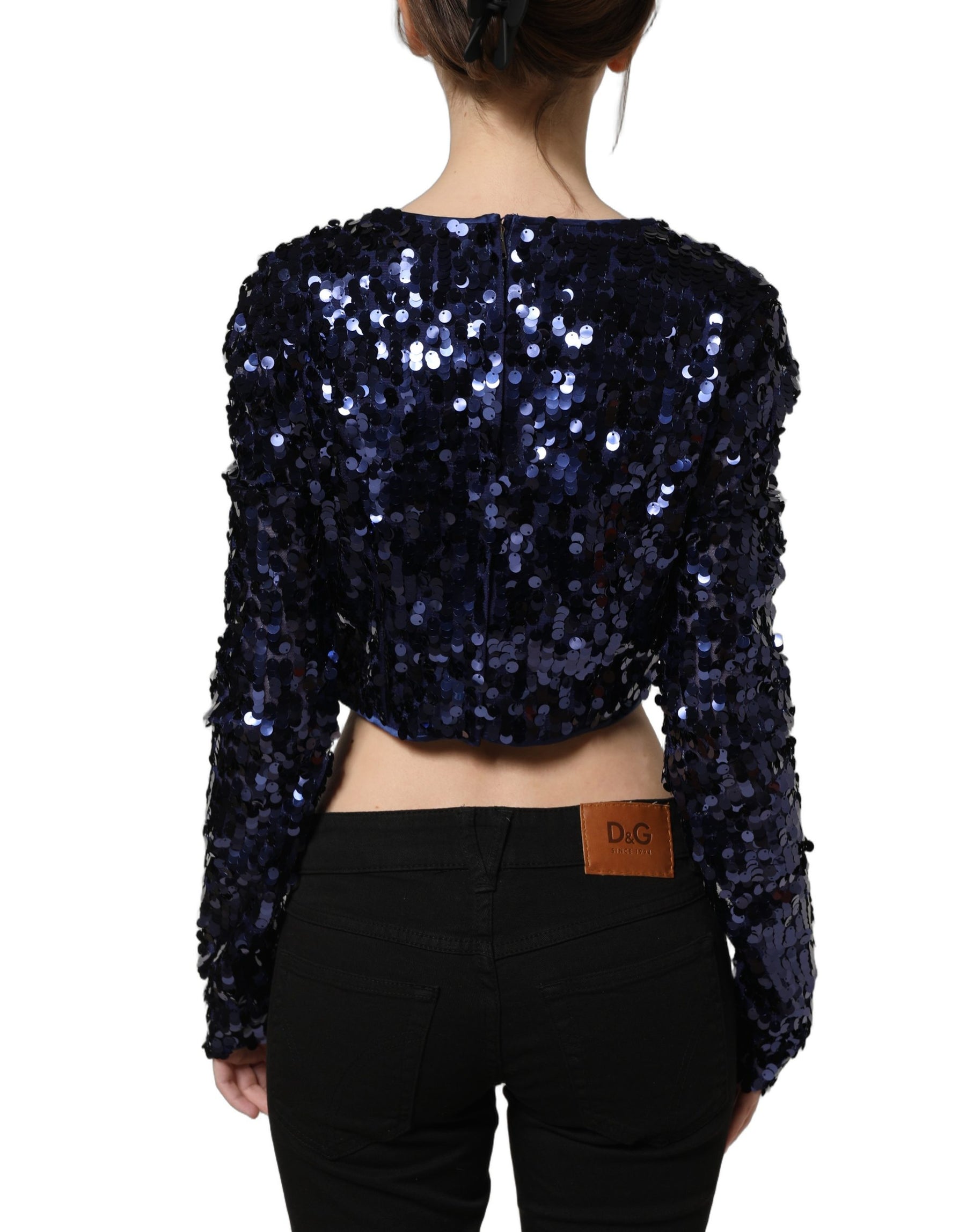 Dolce & Gabbana Blue Sequined Long Sleeves Crop Blouse Top | Regal Royce