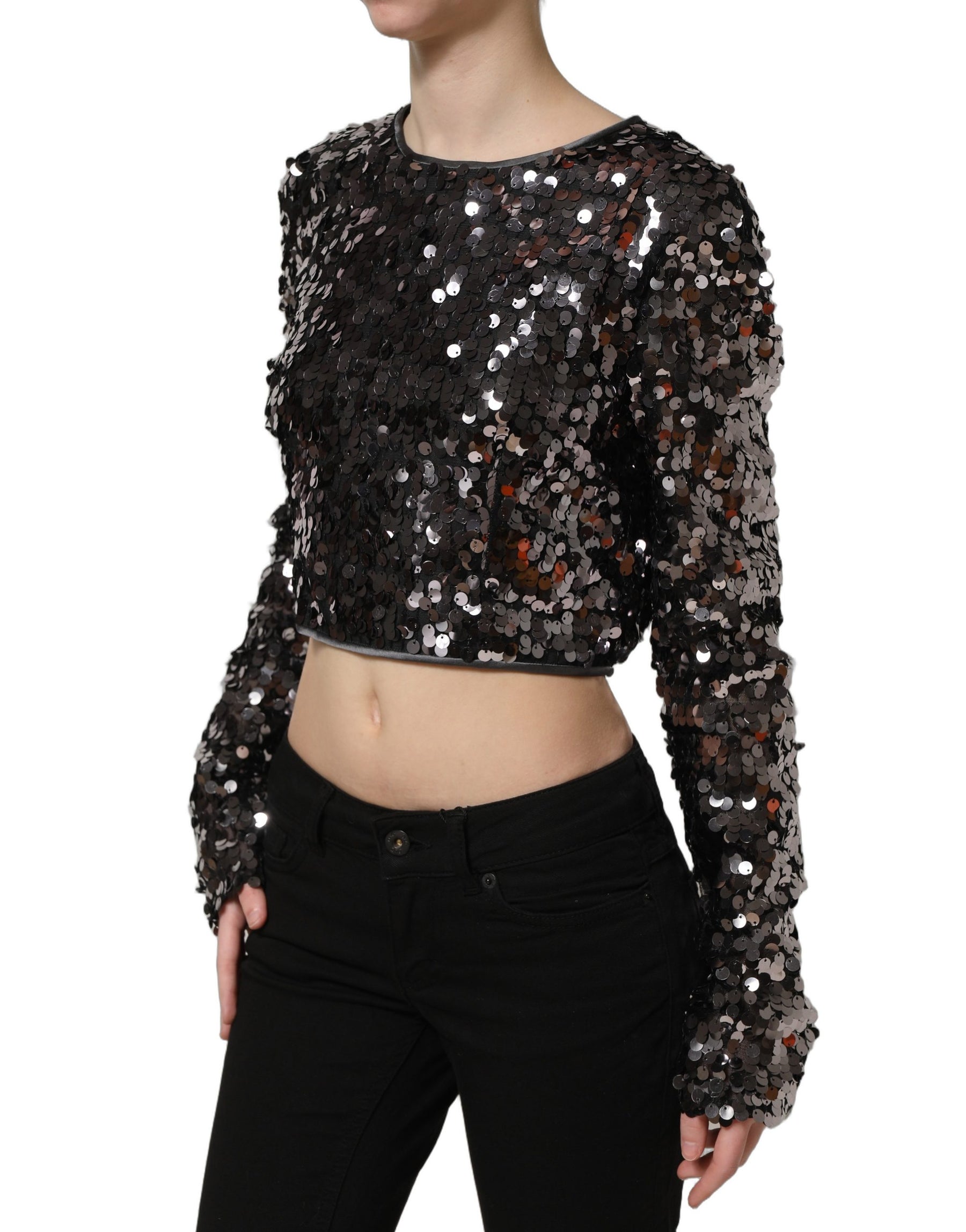 Dolce & Gabbana Black Sequined Long Sleeves Crop Blouse Top | Regal Royce