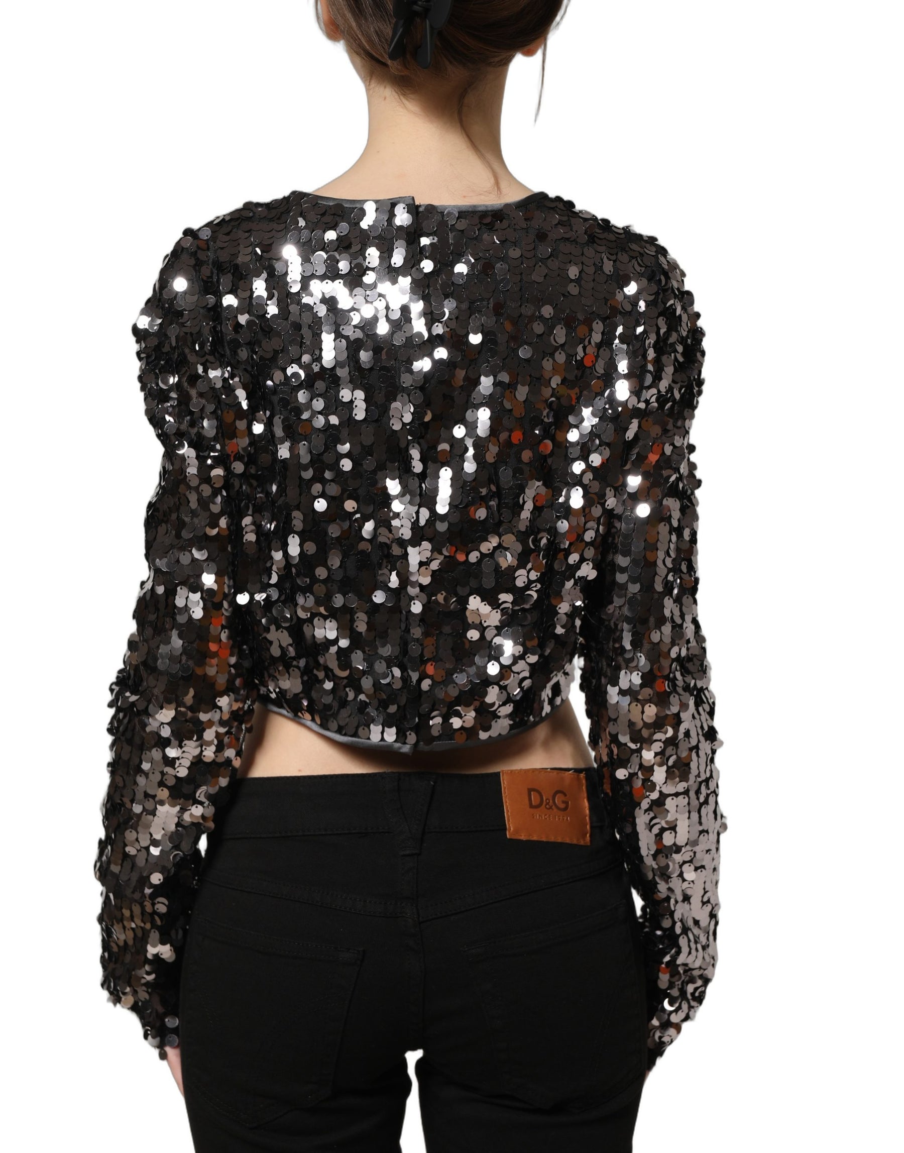 Dolce & Gabbana Black Sequined Long Sleeves Crop Blouse Top | Regal Royce