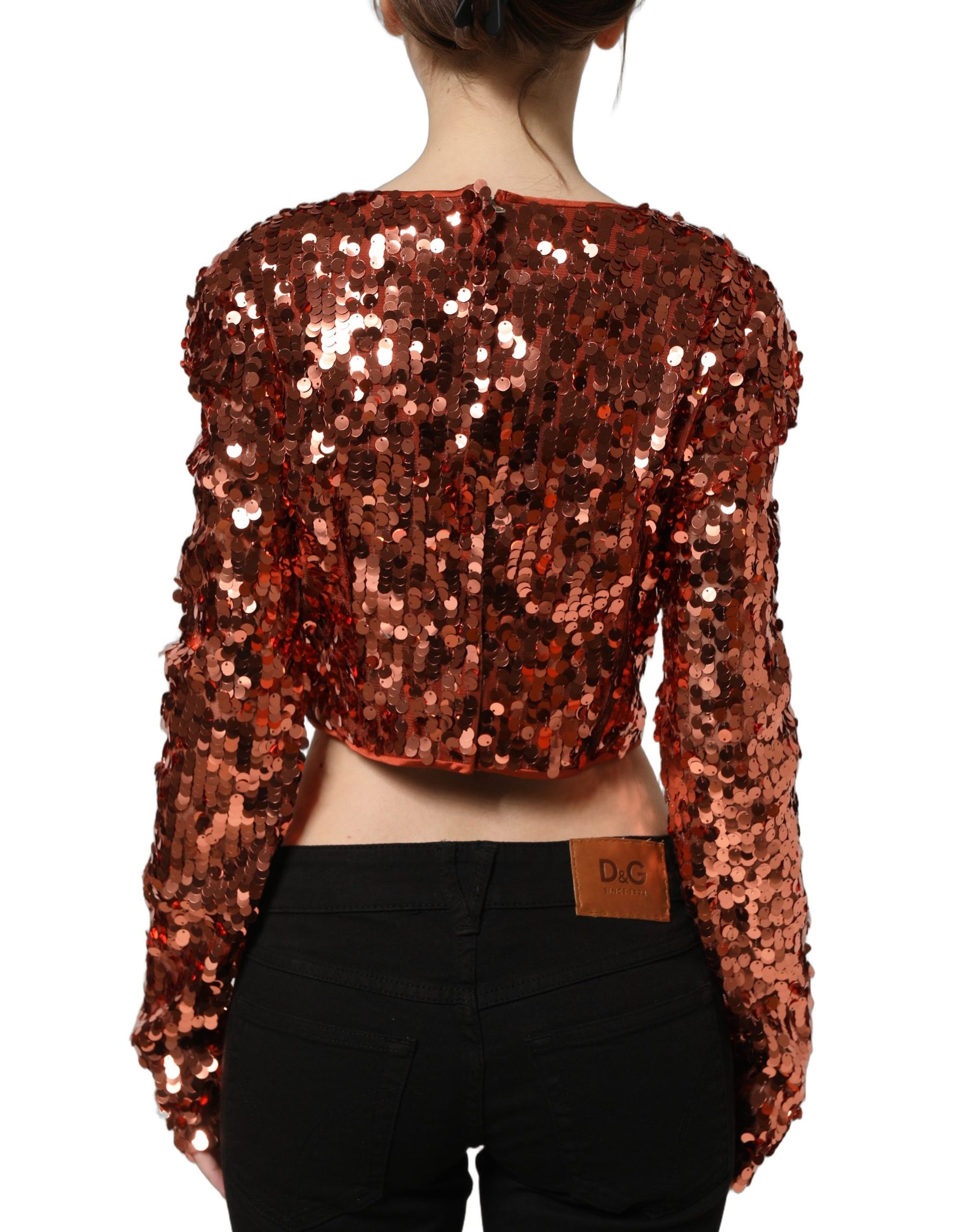 Dolce & Gabbana Red Sequined Long Sleeves Crop Blouse Top | Regal Royce