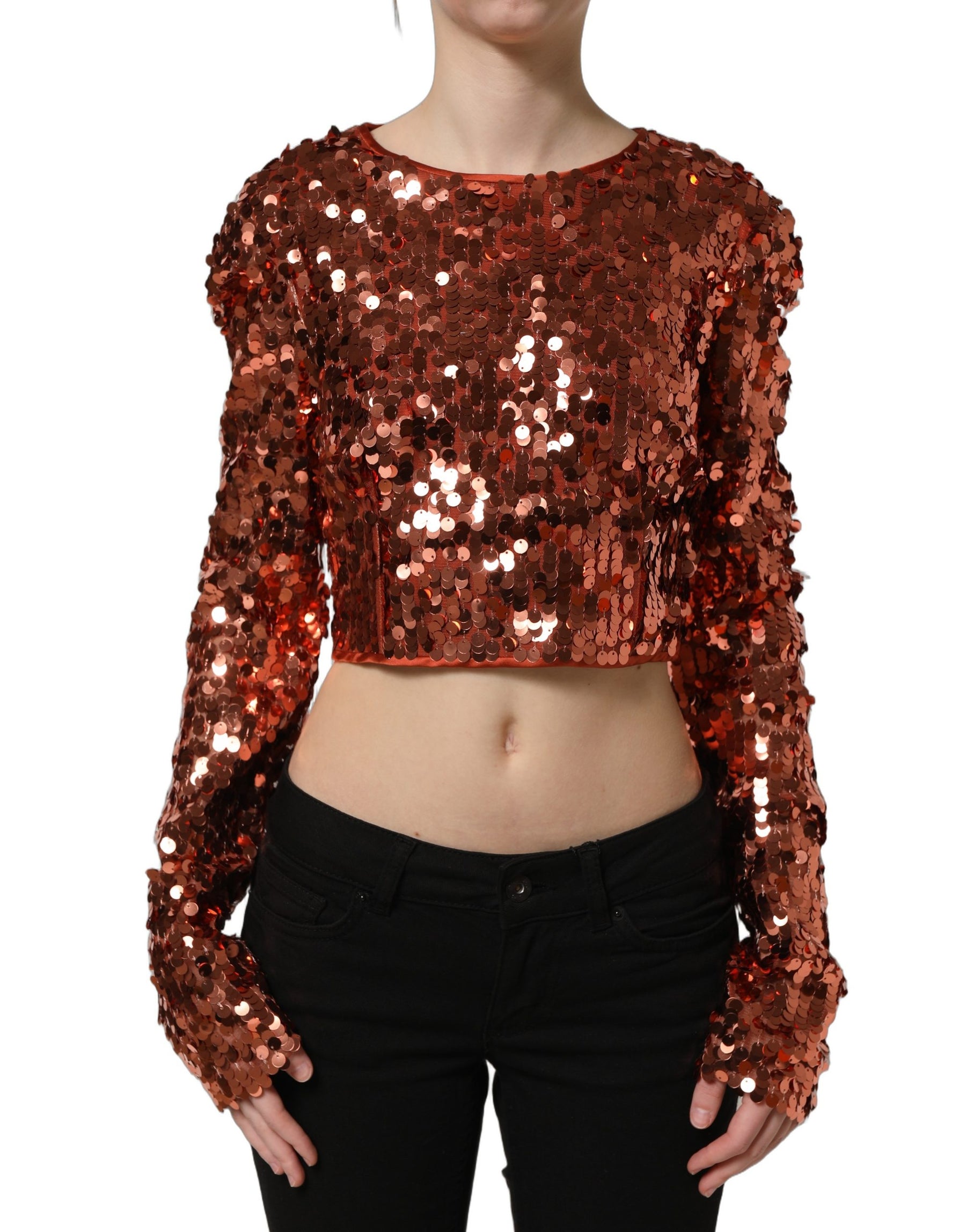 Dolce & Gabbana Red Sequined Long Sleeves Crop Blouse Top | Regal Royce