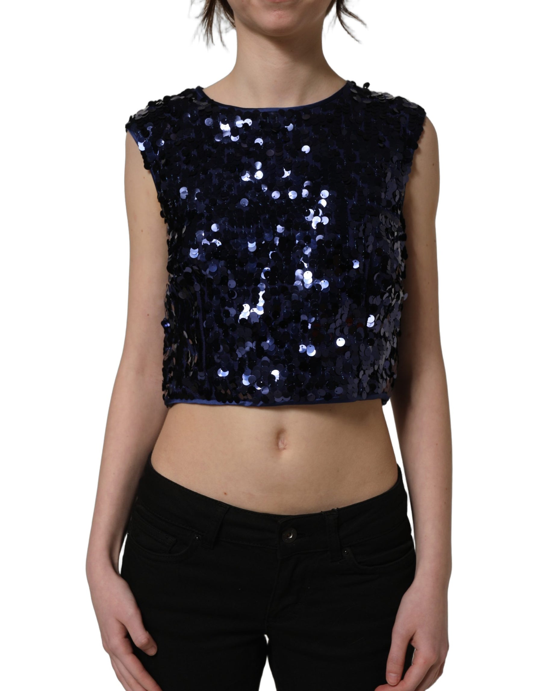 Dolce & Gabbana Blue Sequined Sleeveless Cropped Tank Top | Regal Royce