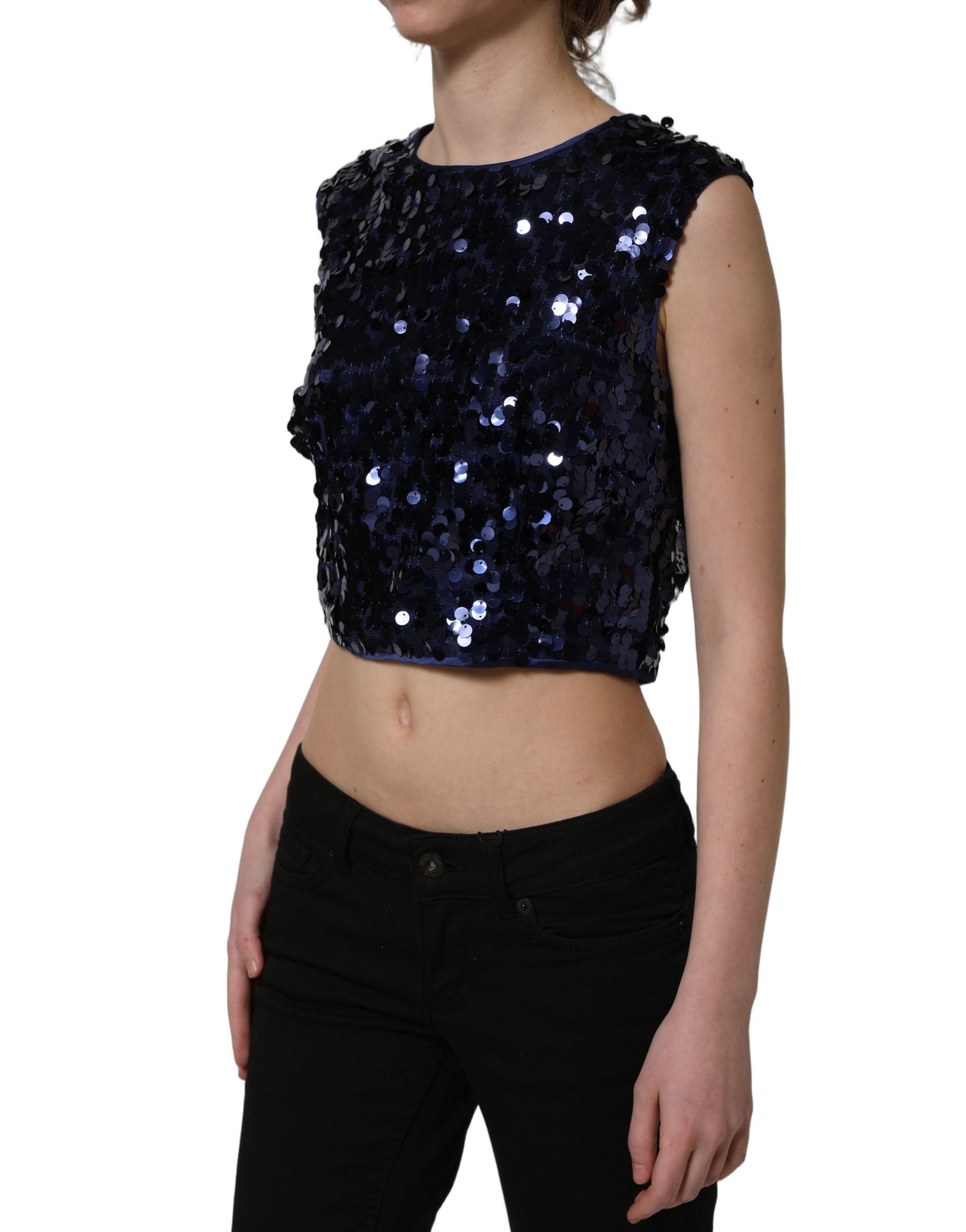 Dolce & Gabbana Blue Sequined Sleeveless Cropped Tank Top | Regal Royce