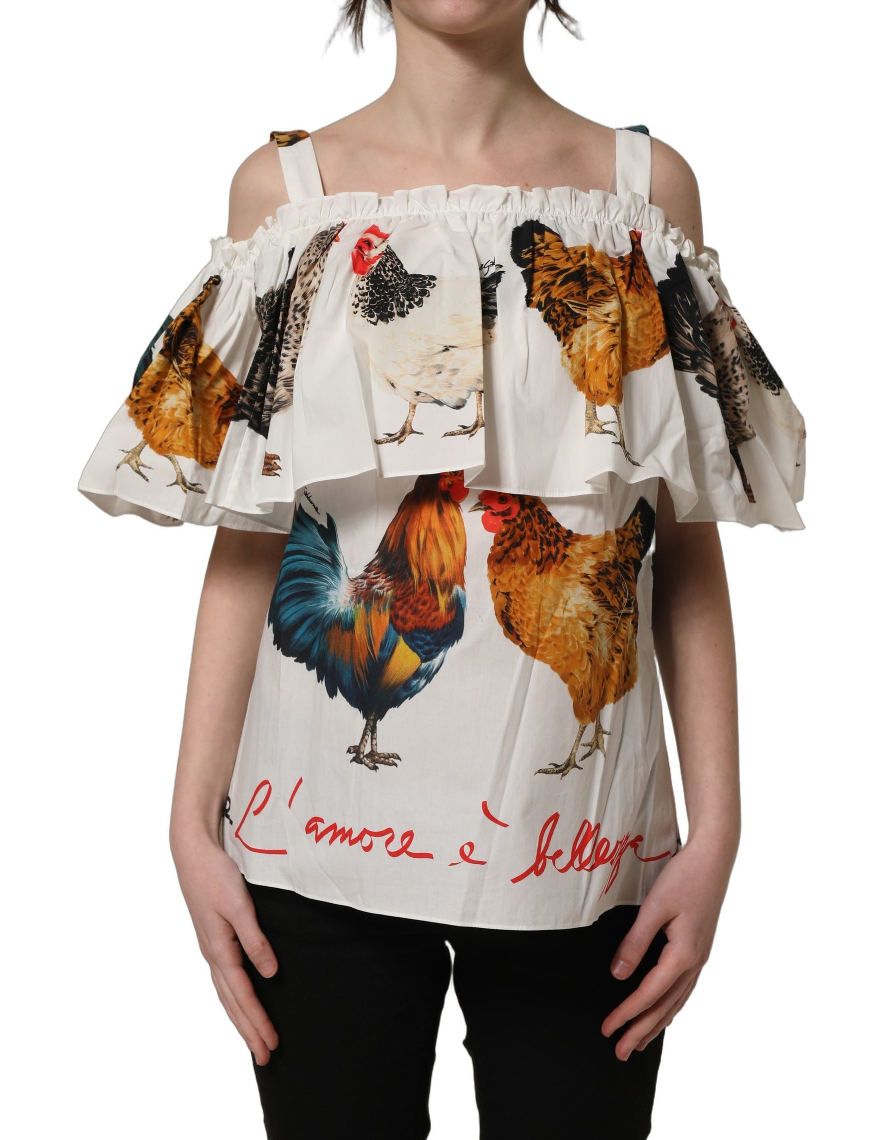 Dolce & Gabbana White Rooster Print Poplin Off The Shoulder Top | Regal Royce