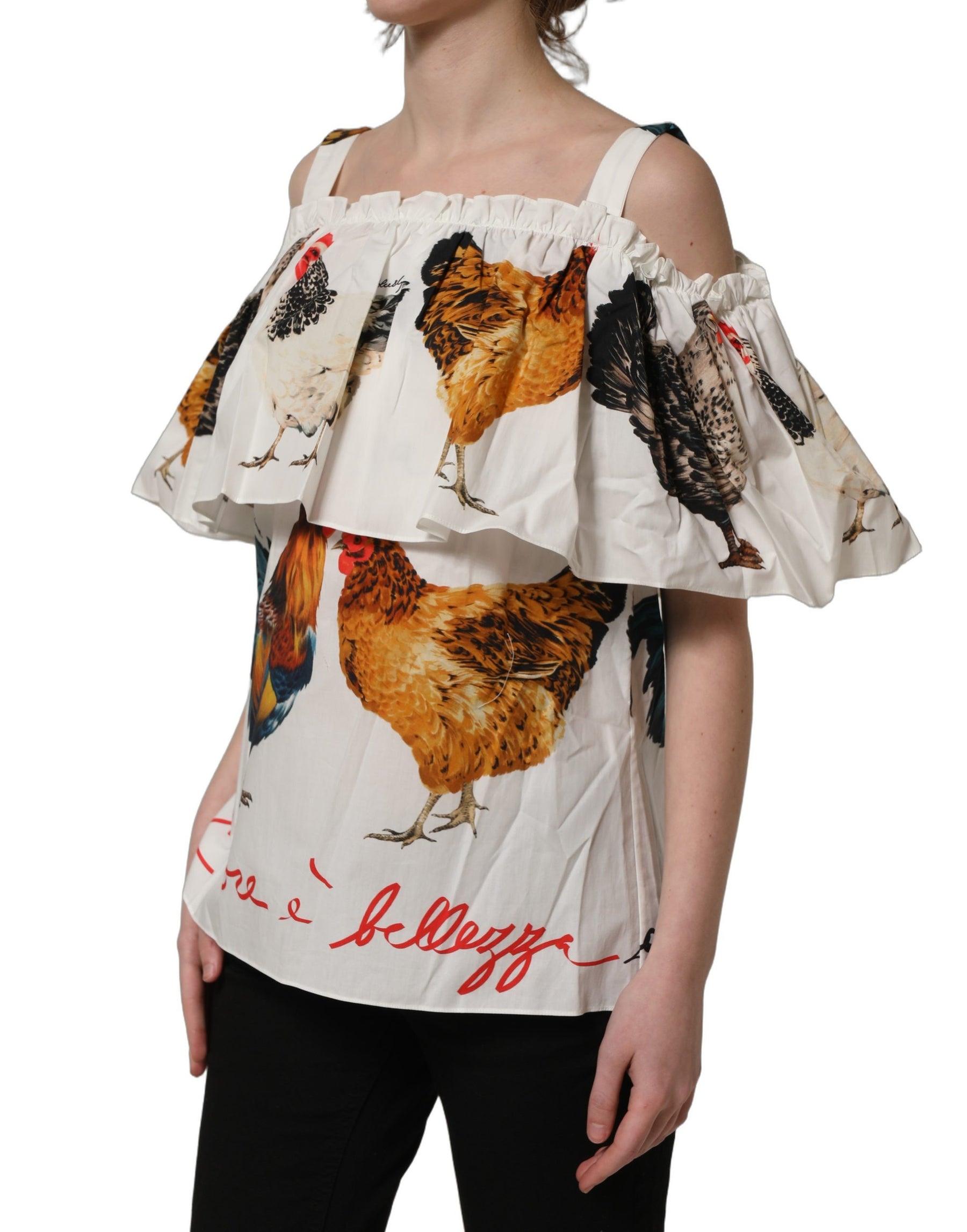 Dolce & Gabbana White Rooster Print Poplin Off The Shoulder Top | Regal Royce