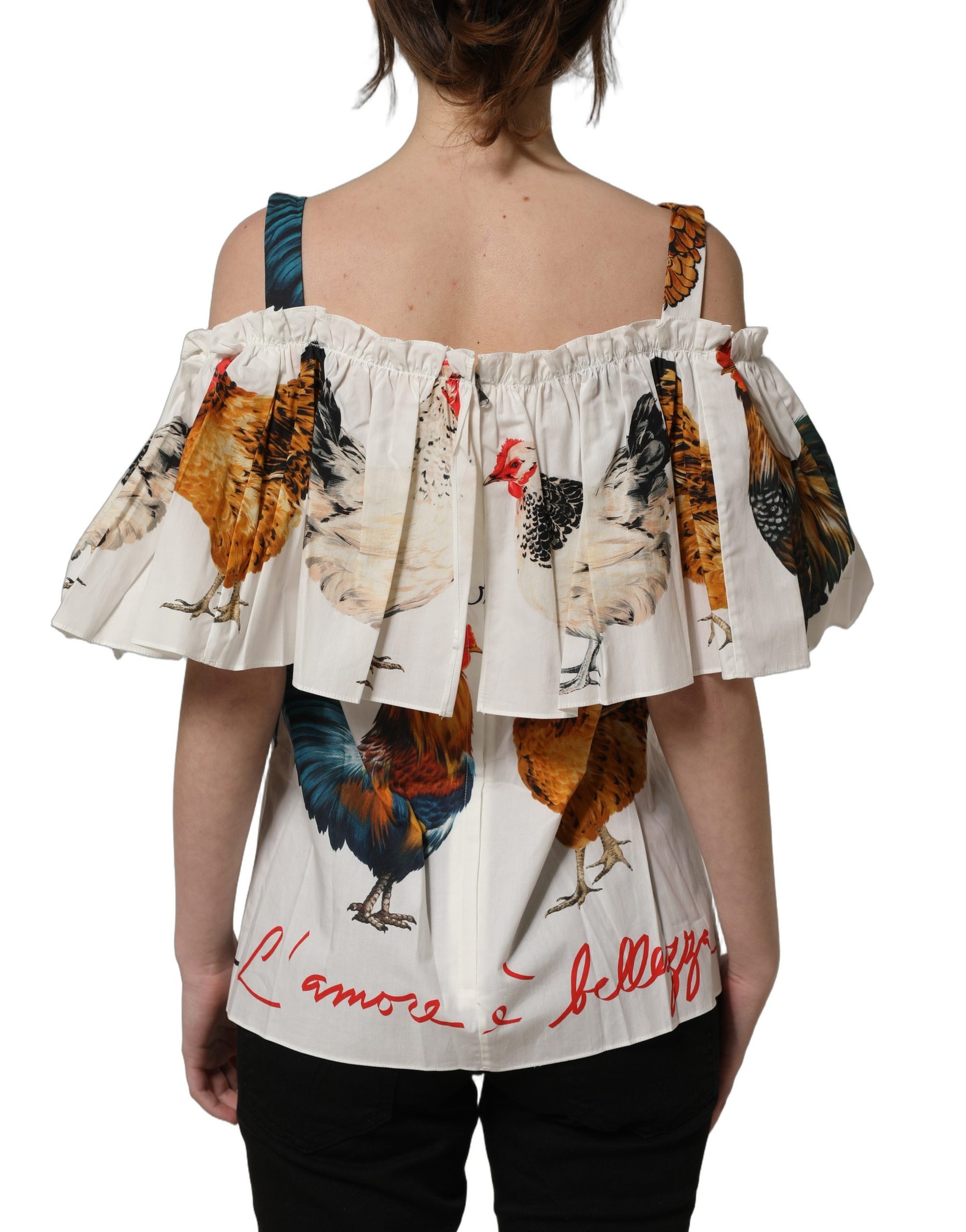Dolce & Gabbana White Rooster Print Poplin Off The Shoulder Top | Regal Royce
