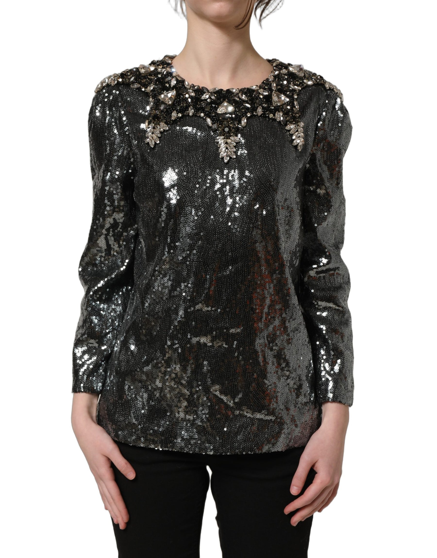 Dolce & Gabbana Metallic Gray Sequin Embellished Blouse Top | Regal Royce