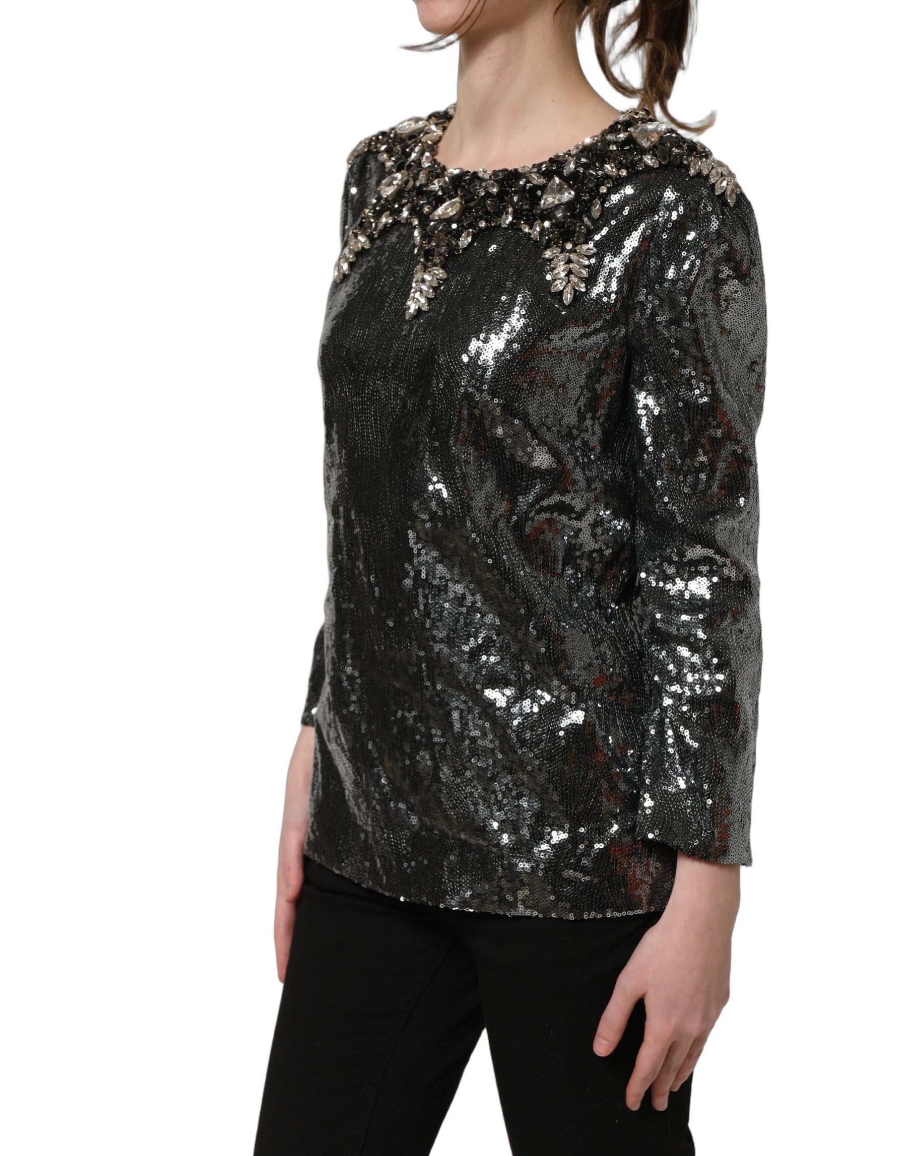 Dolce & Gabbana Metallic Gray Sequin Embellished Blouse Top | Regal Royce