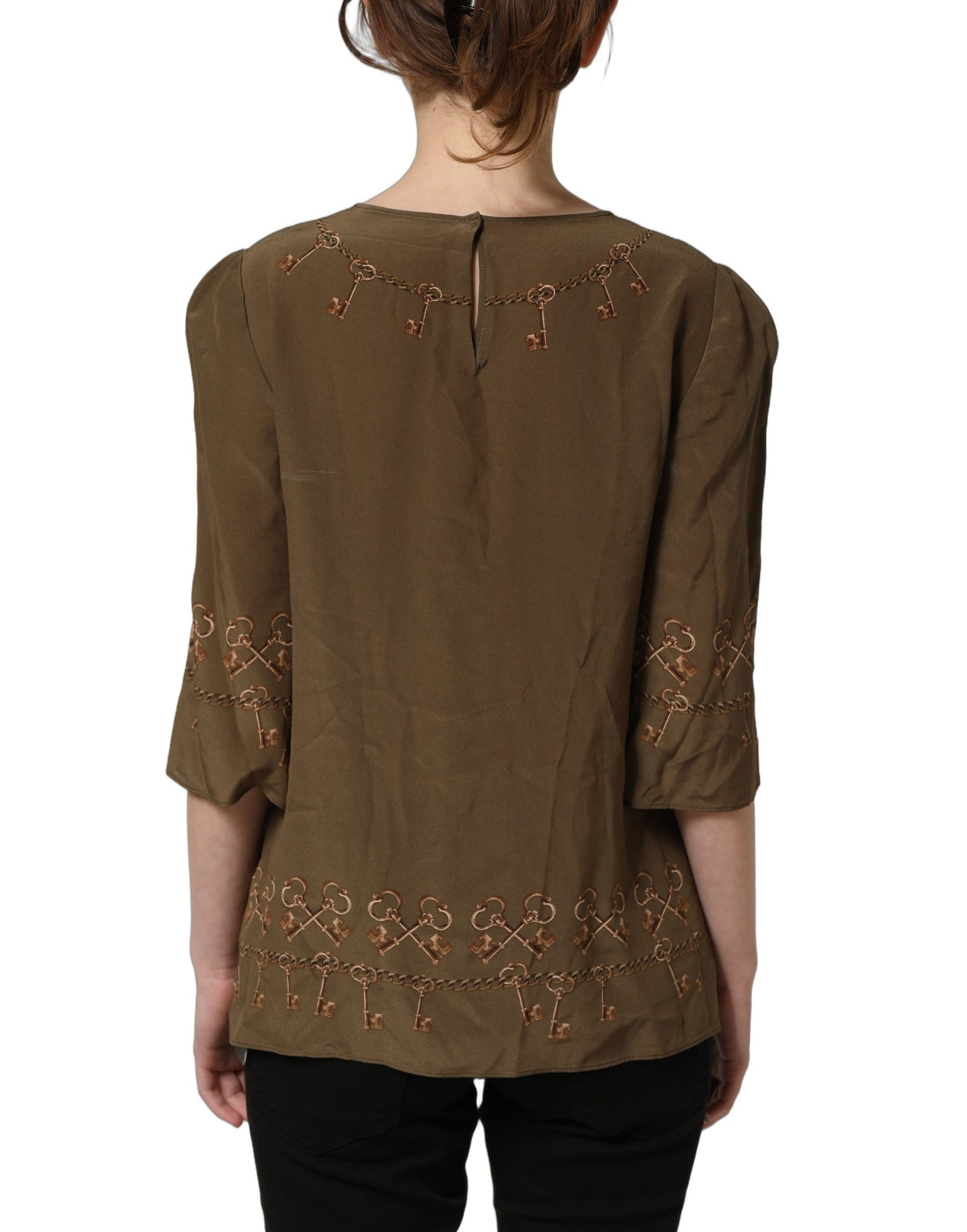 Dolce & Gabbana Brown Keys Roses Printed Silk Blouse Top | Regal Royce