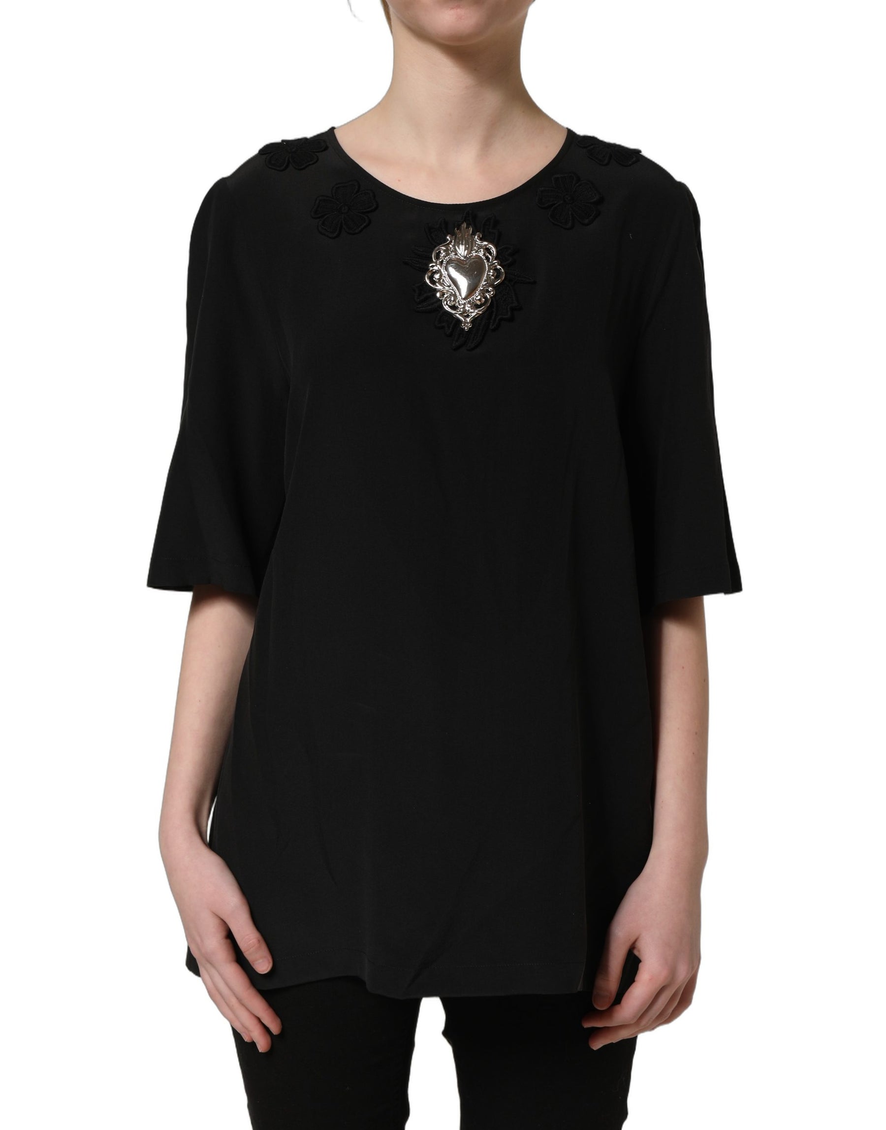Dolce & Gabbana Black Floral Silk Heart Appliqué Blouse Top | Regal Royce